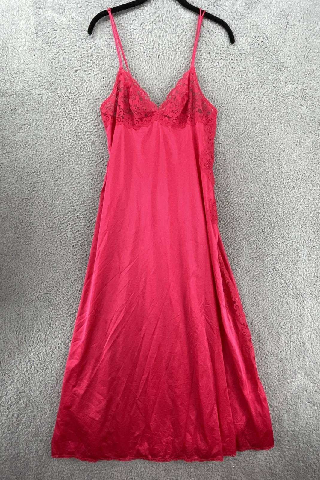 Miss Elaine Slip Womens L Red Lace Nylon Long Nightgown Spaghetti Straps USA