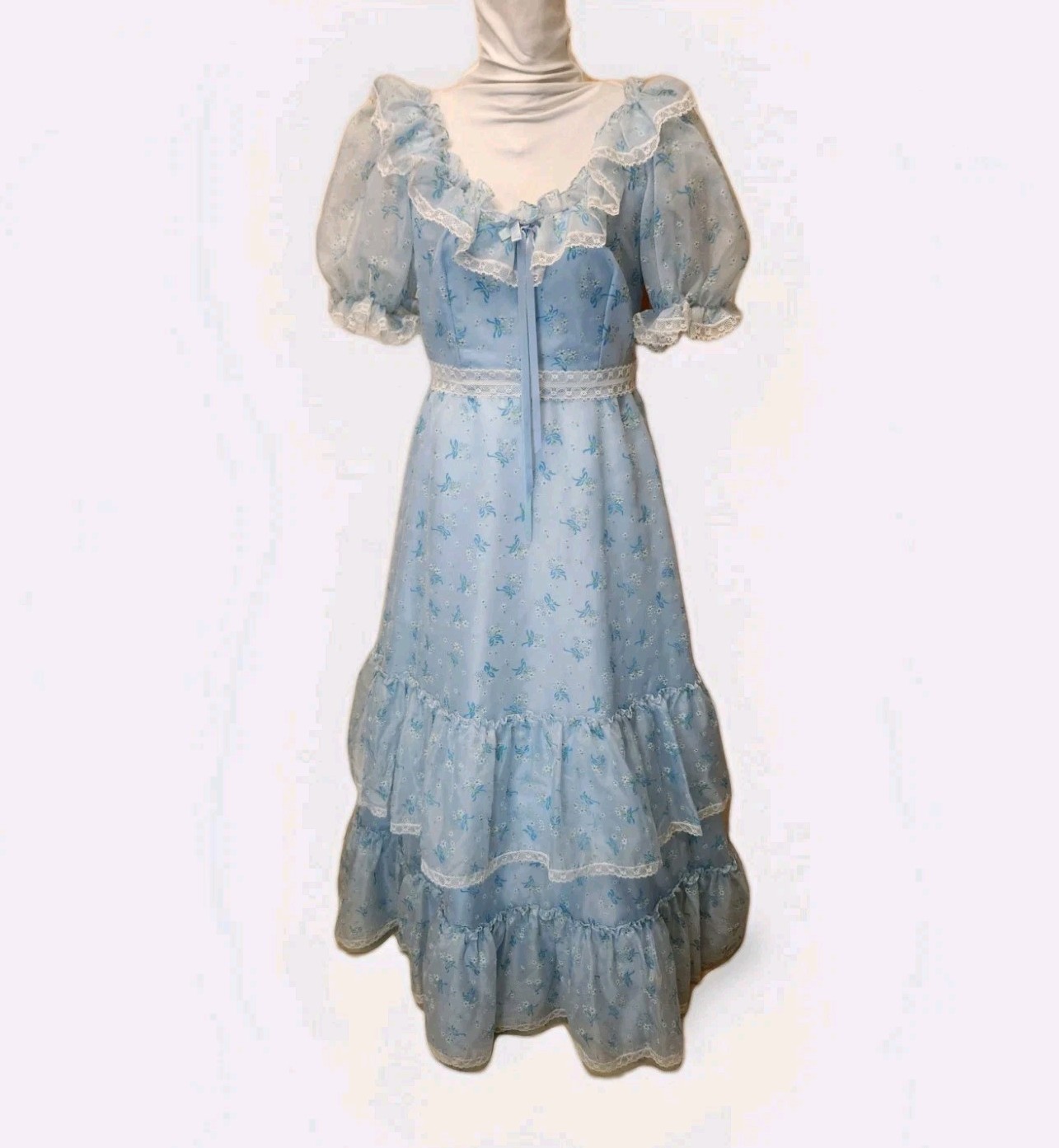 VTG ALFRED ANGELO BLUE VICTORIAN LONG BALL GOWN*FLOCKED FLORAL PRINT*sz16*VGUC