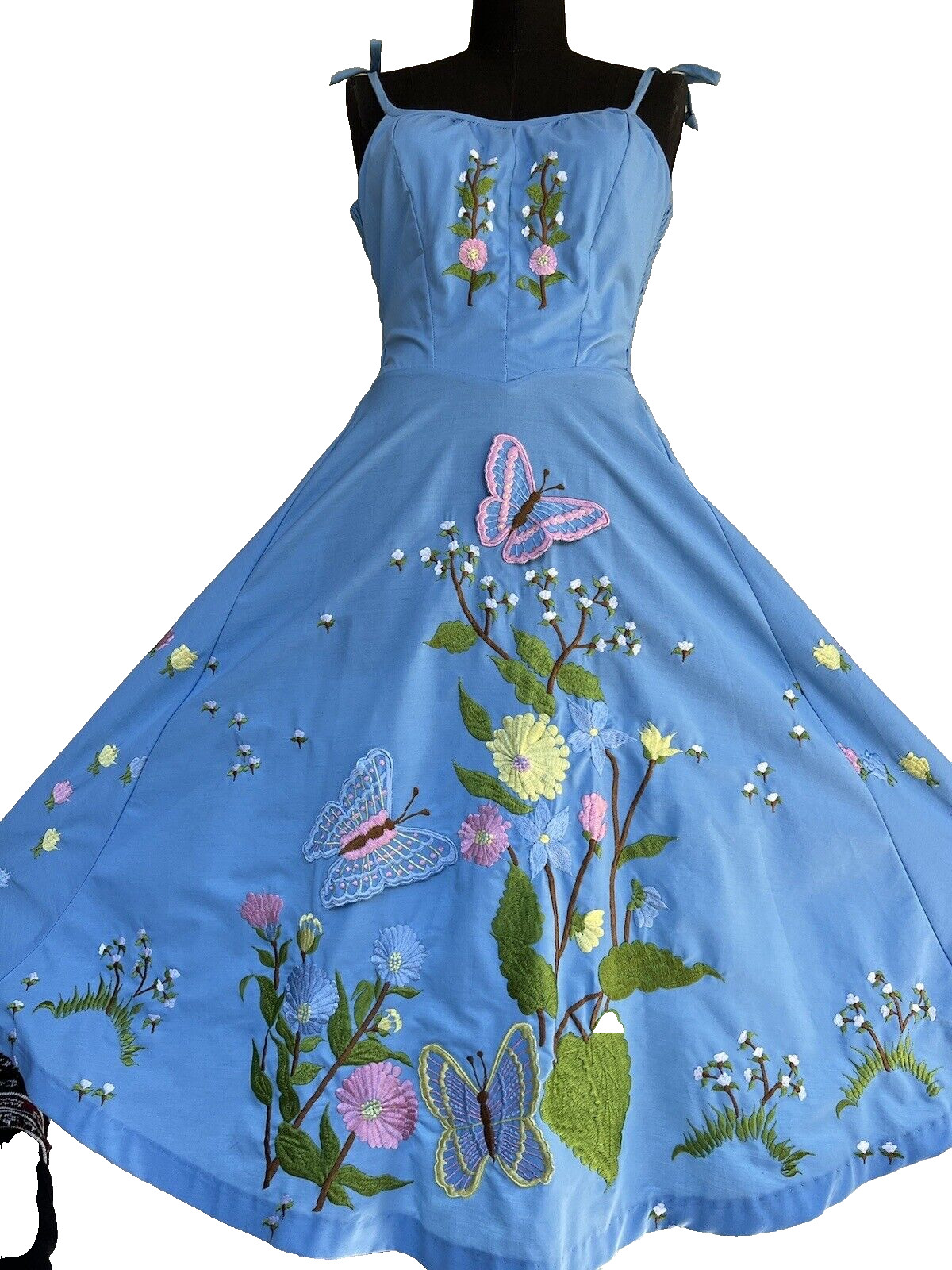 1960’s THE OTHER LOOK Turquoise Embroidery Applique Butterfly Sweep Gown 8 MINT
