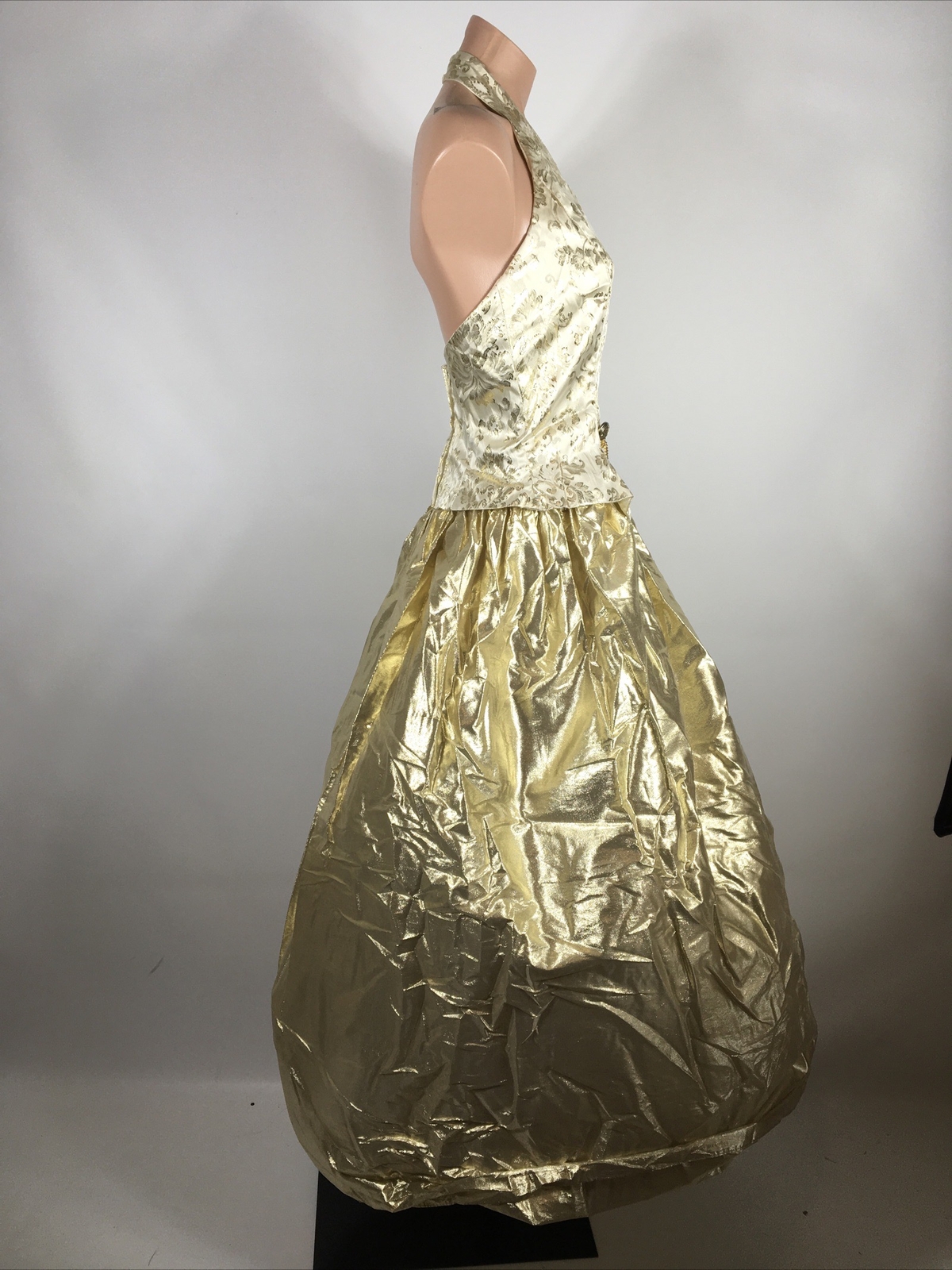 Jessica Mcclintock Gold Lame Halter Dress 7/8 PROM PARTY Vtg 80s 90s Metallic