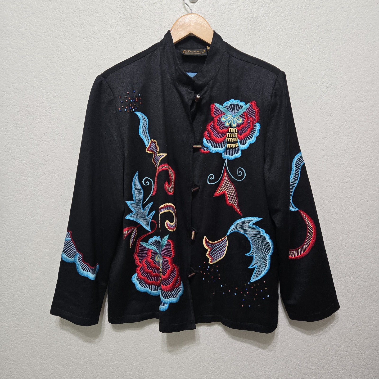 Alex Kim Black w Multicolor Floral Embroidered Long Sleeve Jacket Size L