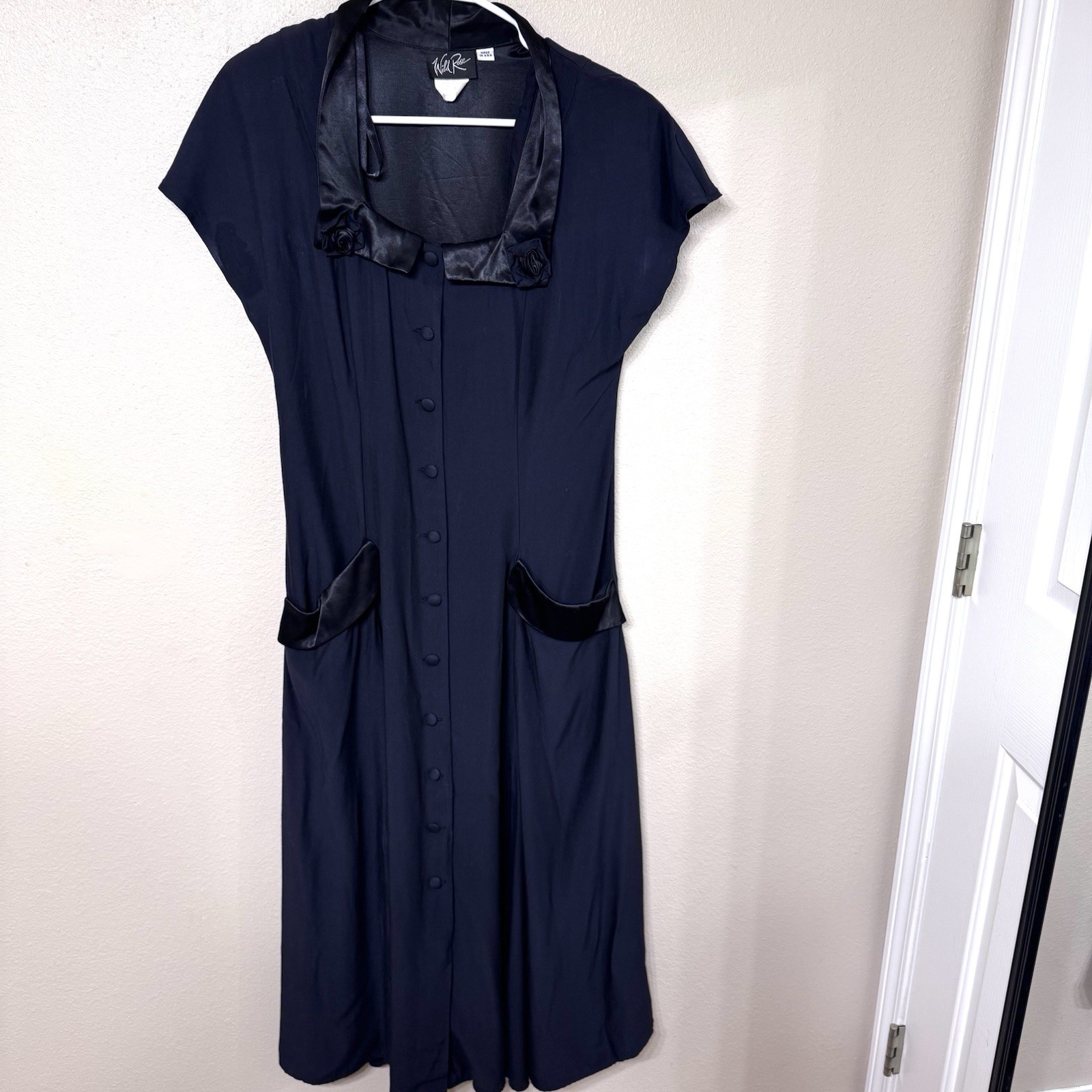Vintage 90s Wild Rose Black Maxi Dress Size 10 Satin Trim Button Front
