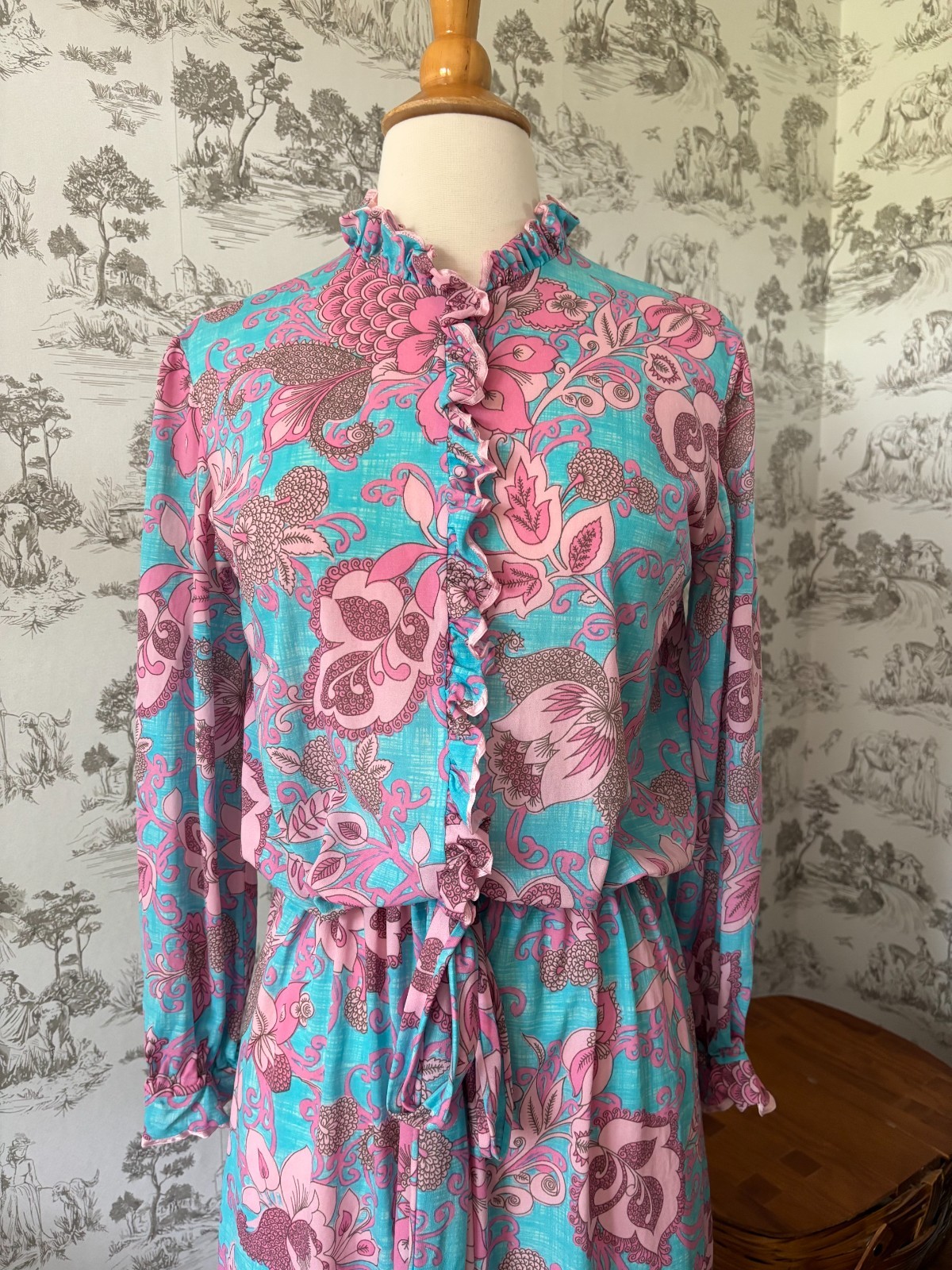 Vintage 70s Funky Floral Midi Dress Blue and Pink Gathered Tie Waist Ruffles