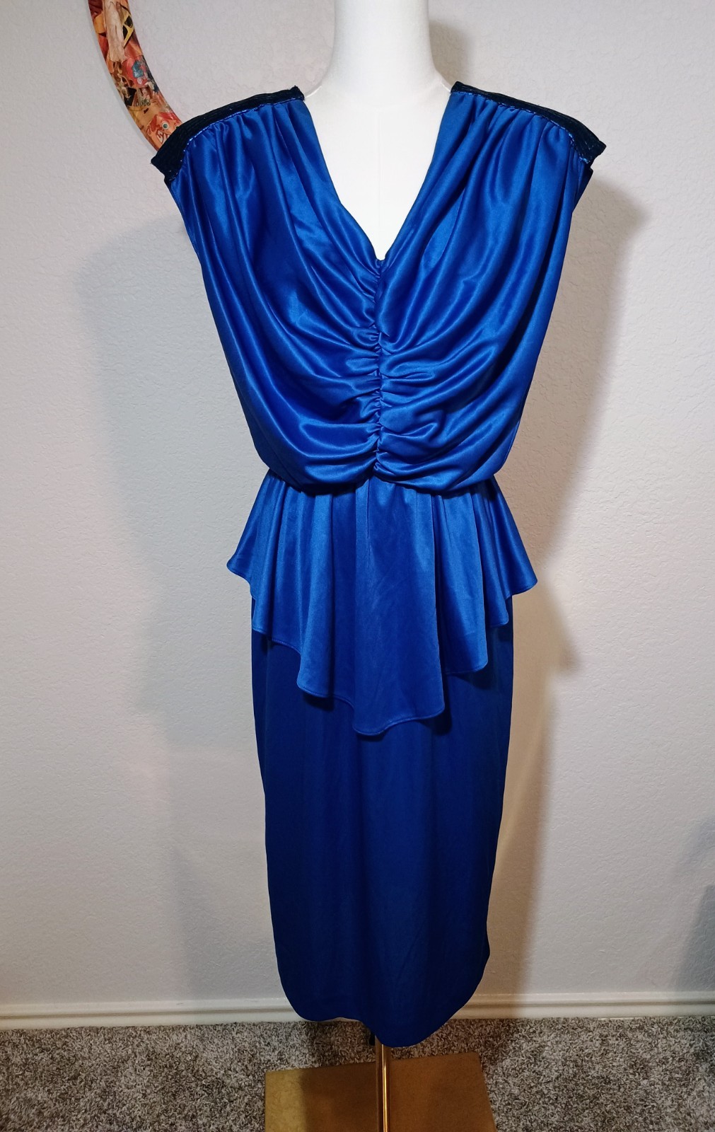 Vintage 80s Slinky Disco Royal Blue Plunging Ruched Drape Party Cocktail Dress