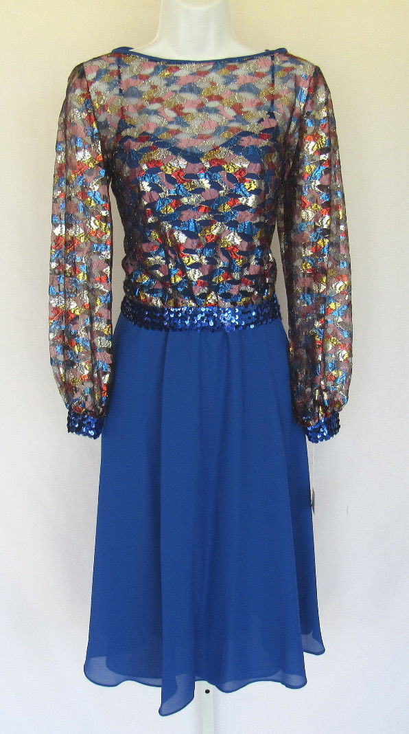 VINTAGE 1960s MARIE TORELLI DRESS & COVER SIZE 6 BLUE POLY ACETATE METALLIC NWT