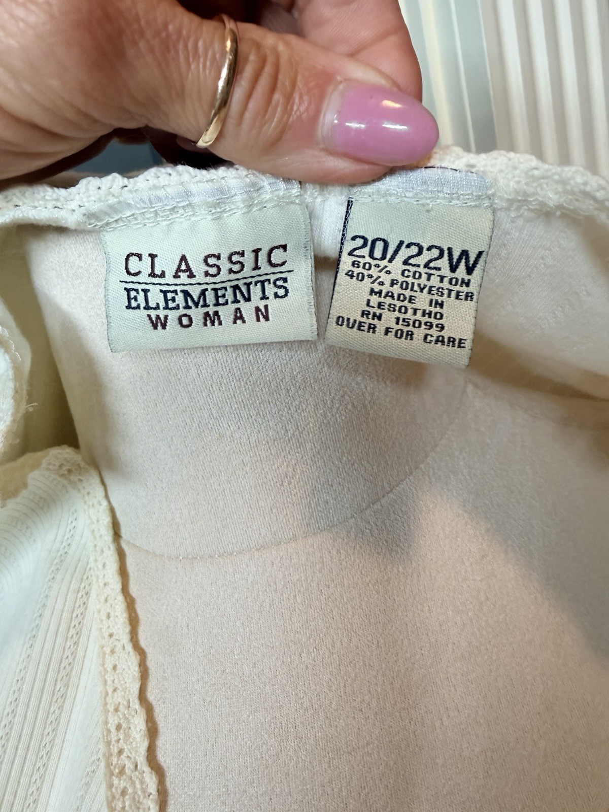 Vintage Classic Elements Woman Ivory Rib Knit Top Crochet Trim Plus Size 20W 22W