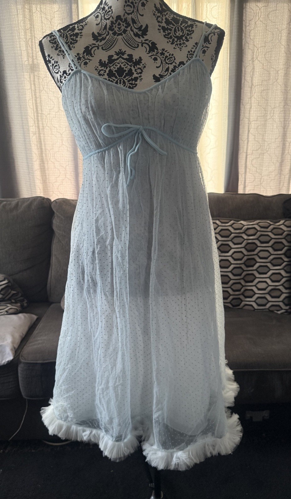 VTG Lisette Lingerie Blue Lace Chiffon 2 Layer Nightgown Sz 34 Hollywood Glam