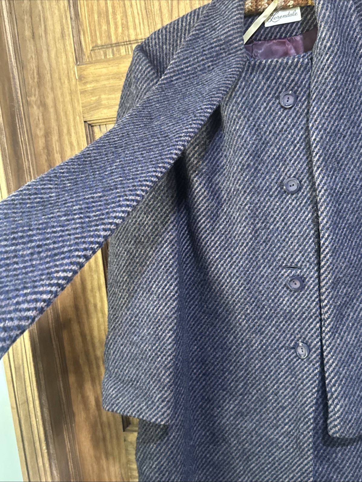 Vintage Lorendale Wool Coat Blue Tweed Attached Scarf Collar L/XL No Tag