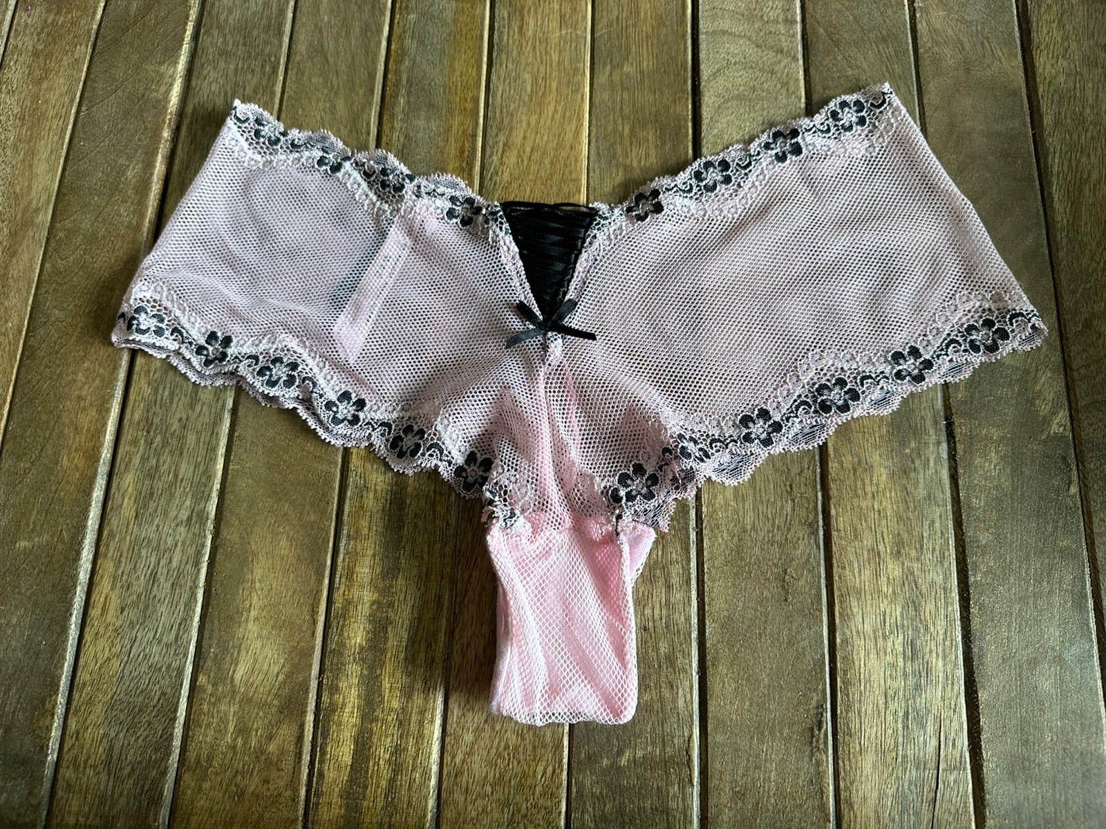 Vtg Victoria’s Secret S/P Pink & Black Sheer Lace Hipster Bikini Panties