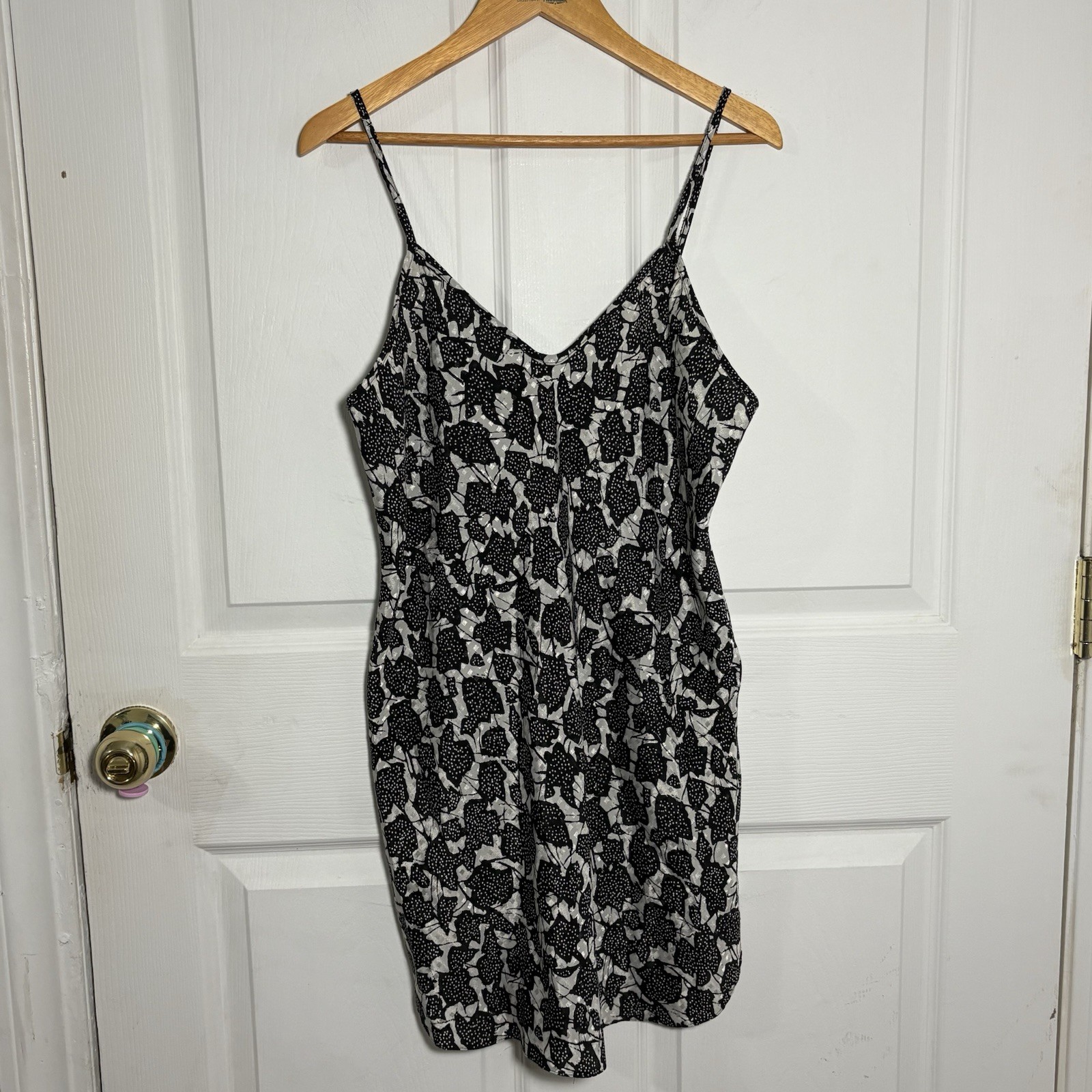 Vintage Black Silver Satin Slip Dress Size S Nightie Lingerie Gothic Romantic
