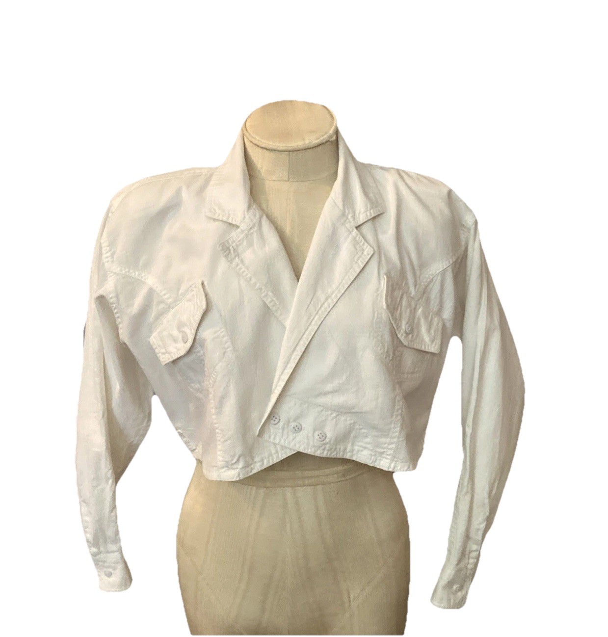 Cotton Express VTG 80s Women S White Twill Crop Assymetric Shoulder Pad Jacket