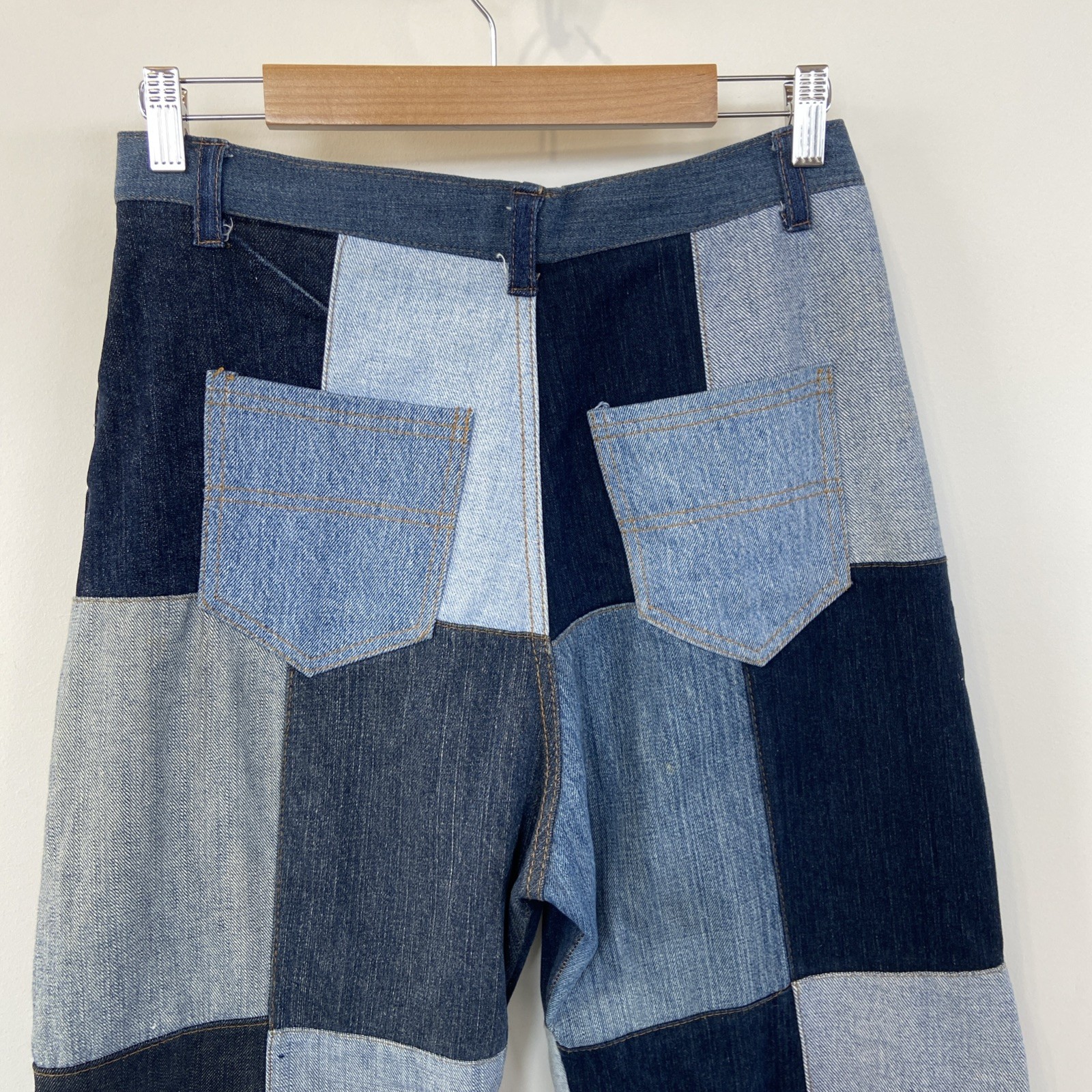 Vintage CUSTOM Denim Patchwork Wide Leg Jeans 30” Waist 80’s High Waist Gathered