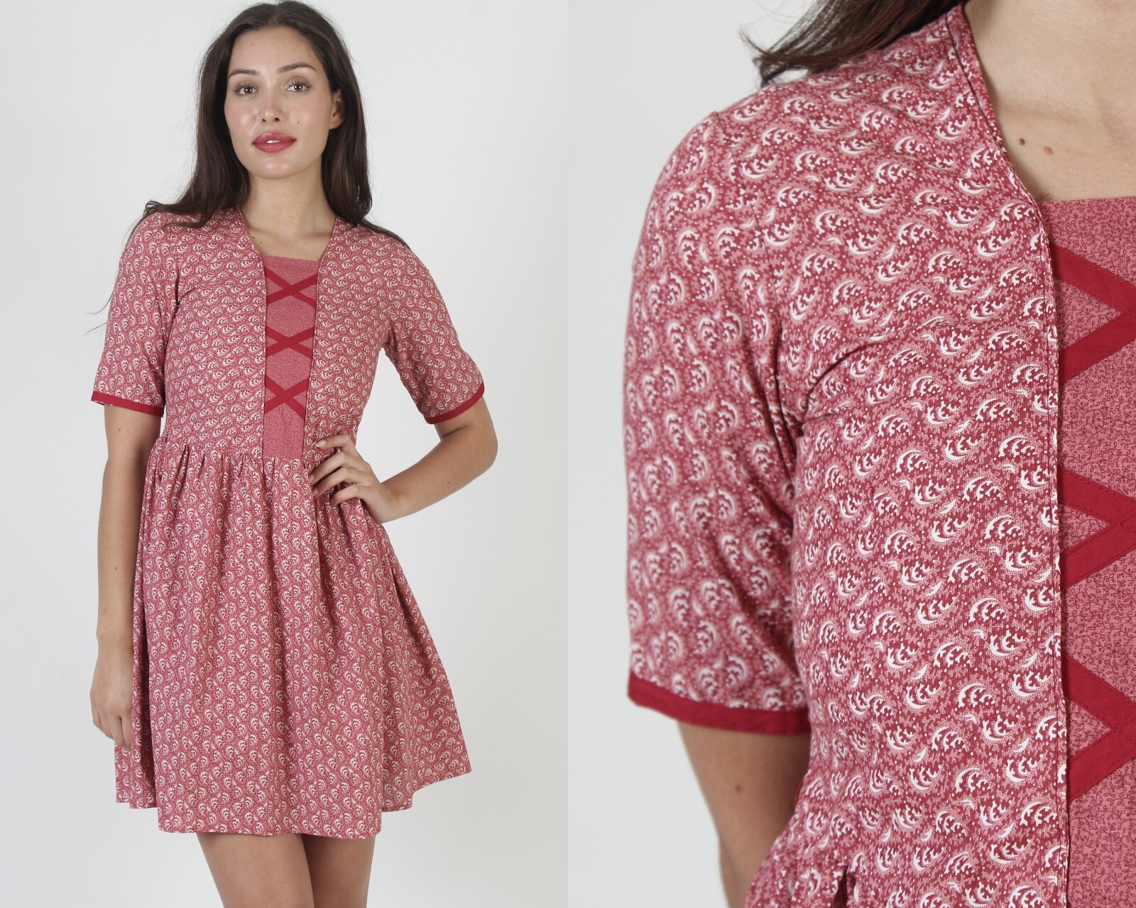 Vtg 70s Burgundy Tiny Floral Americana Farm Dress Barn Wedding Country Sundress
