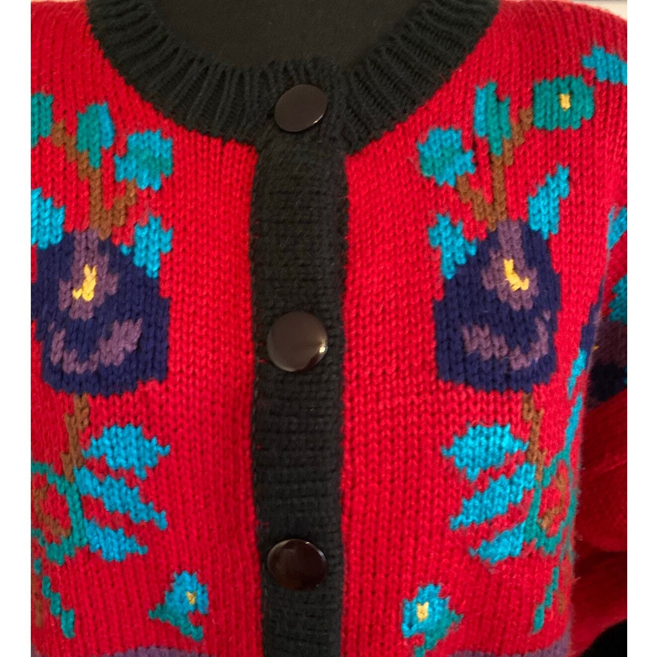 Vintage Cardigan Red black Hong Kong Chunky Floral Cottagecore Grandma Core