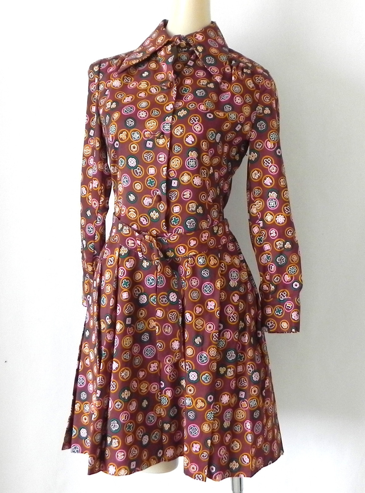Vivid Hanae Mori Dress Long Sleeve Belted Multi-Color Pleated Skirt Size PXS
