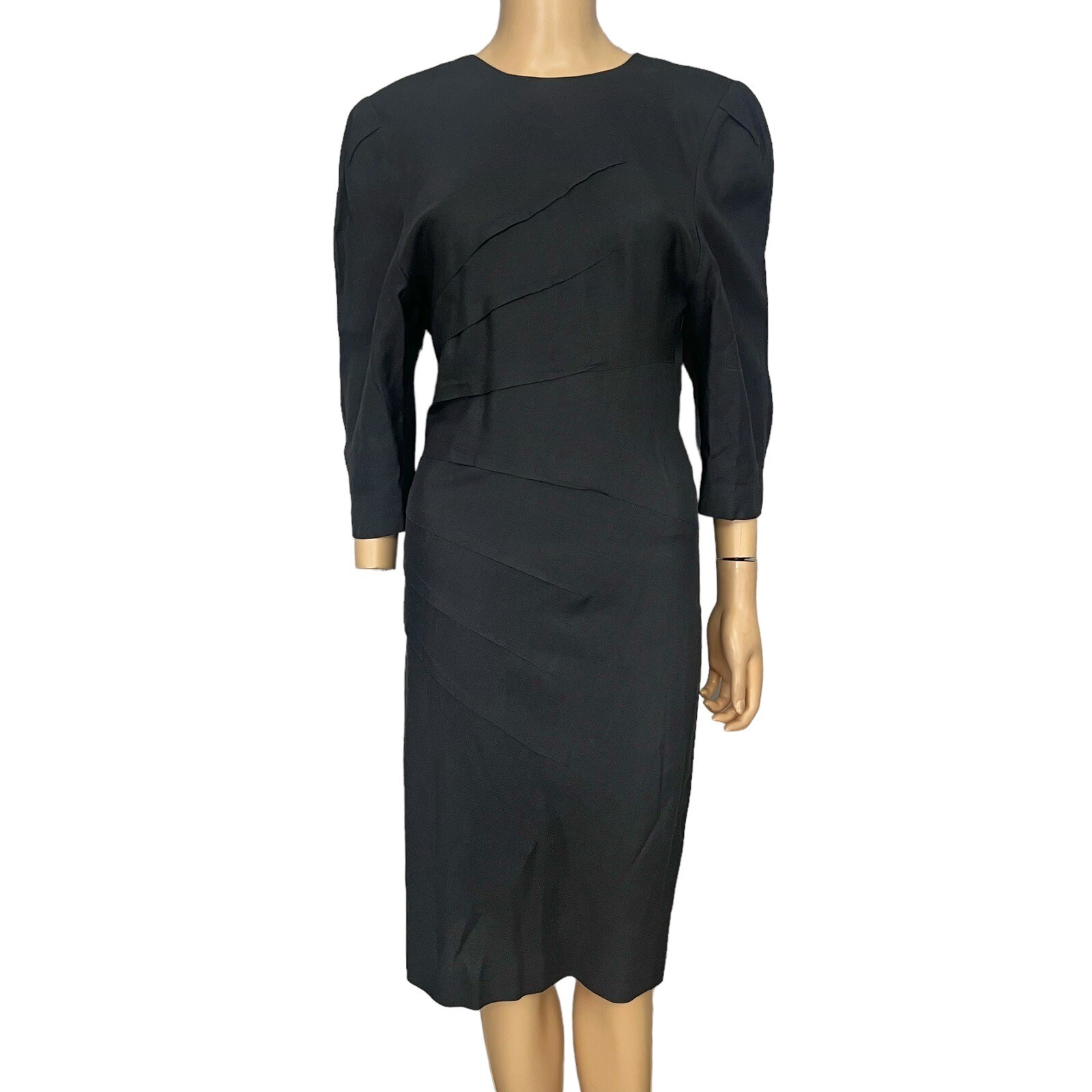 80s Vintage Kathryn Dianos Linen Sheath Dress Pleated Puff Sleeve Medium