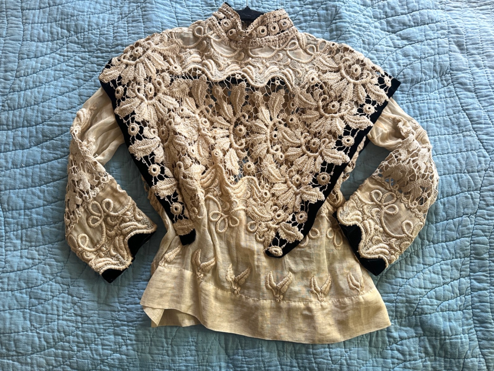 Edwardian Hand Made Irish Crochet Lace and Velvet Blouse Bodice Rare Antique