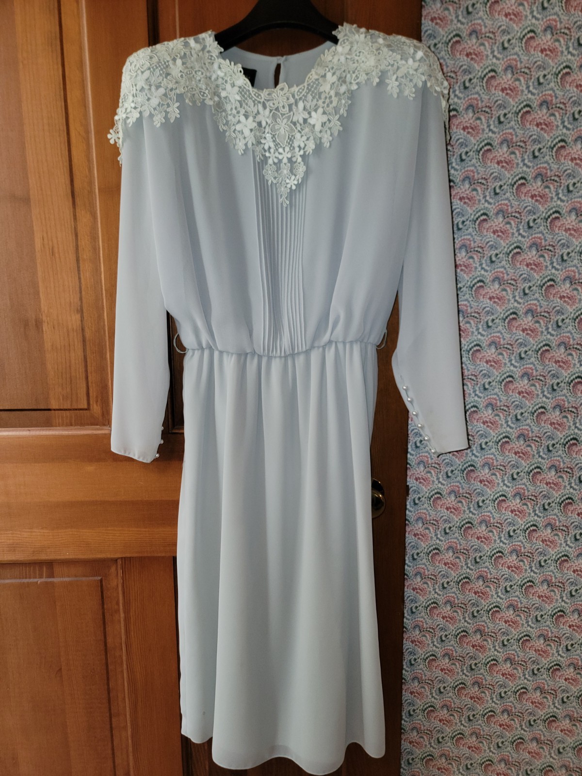 Vintage Ursula of Switzerland Light Blue Lace Dress Pearl Buttons USA Made 13/14