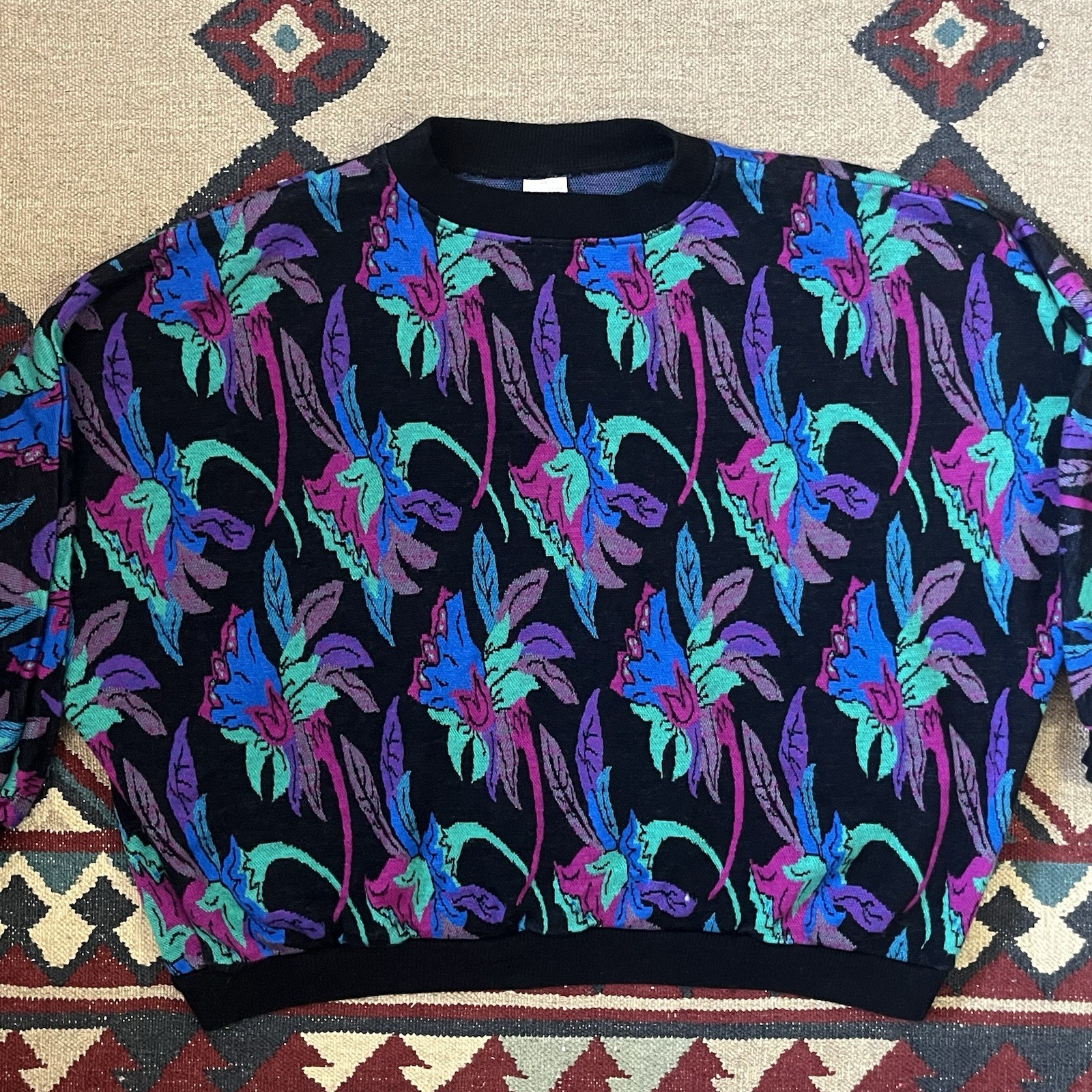 Vintage 80s Floral Dolman Batwing Sweater Women’s XL Acrylic Pullover