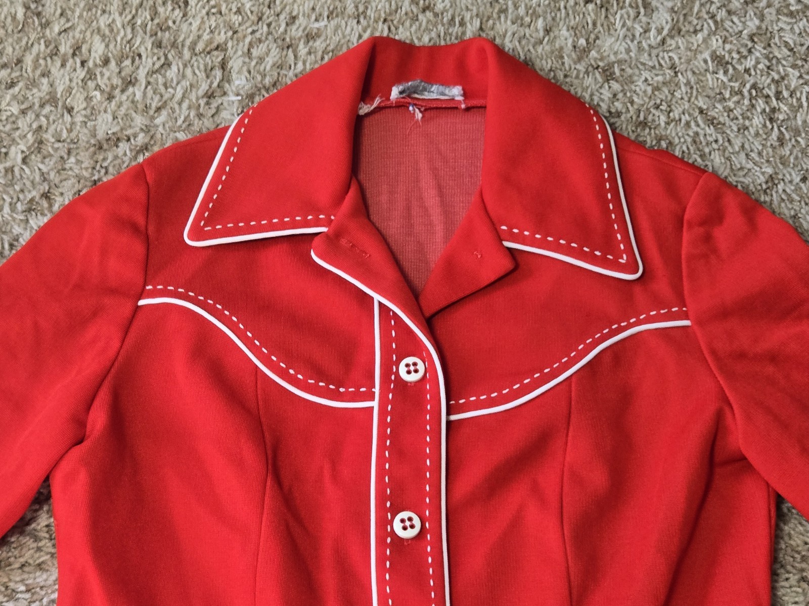 Vintage 60s 70s Retro Mod Hippie Shirt Blouse Top Small Granny Red Stitching