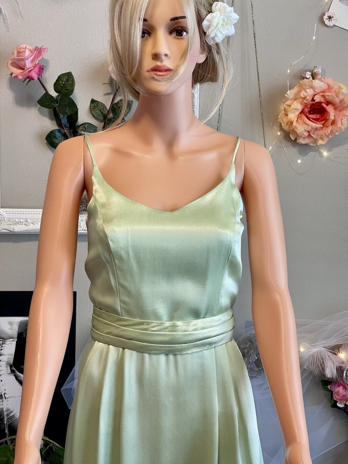 Vintage Satin Light Green Tea-Length Dress | Handmade | Removable Belt