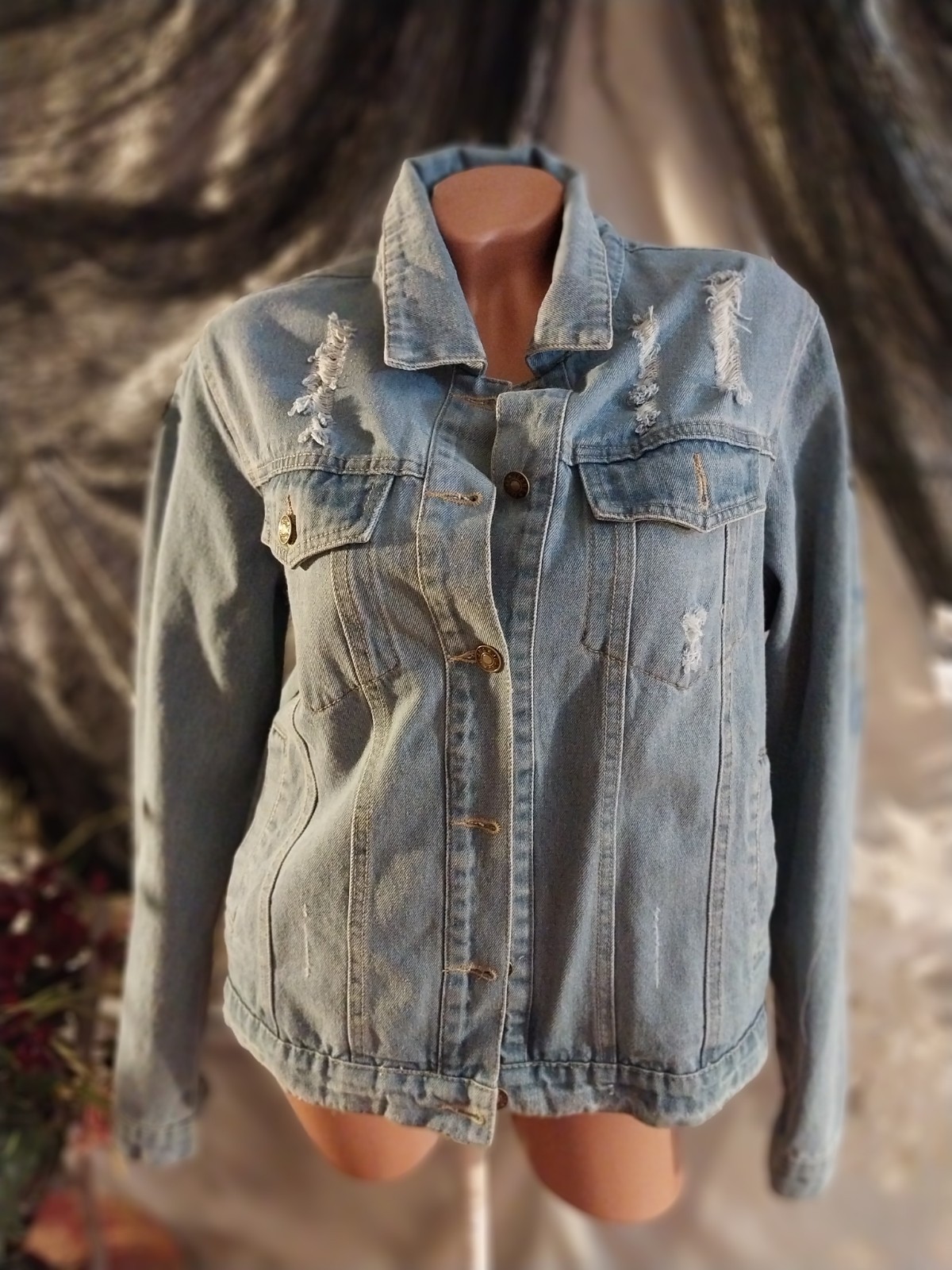 VTG Y2K 90’S BOHO Embroidered Denim Jacket Floral Embellished Tribal Pyramid SEE