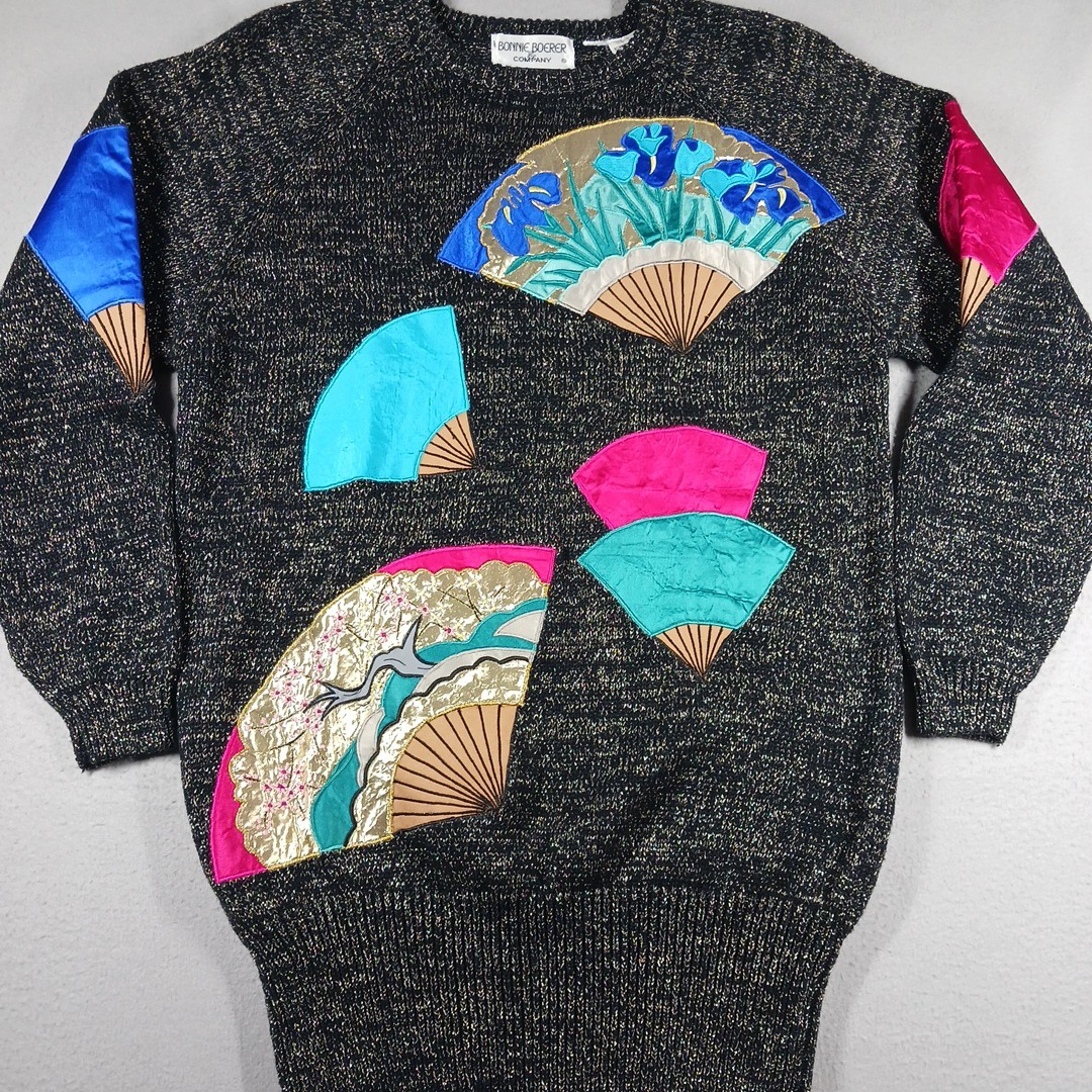 Vintage 86 Bonnie Boerer Geisha Fan Sweater Black Gold Medium Art Deco Colorful