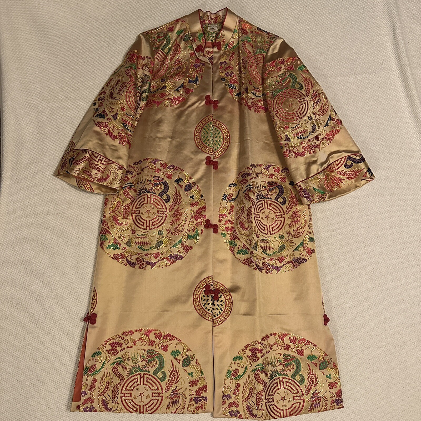 Vintage Park Seoul Korea Brocade Silk Robe Coat Dragon Phoenix Gold Womens 14
