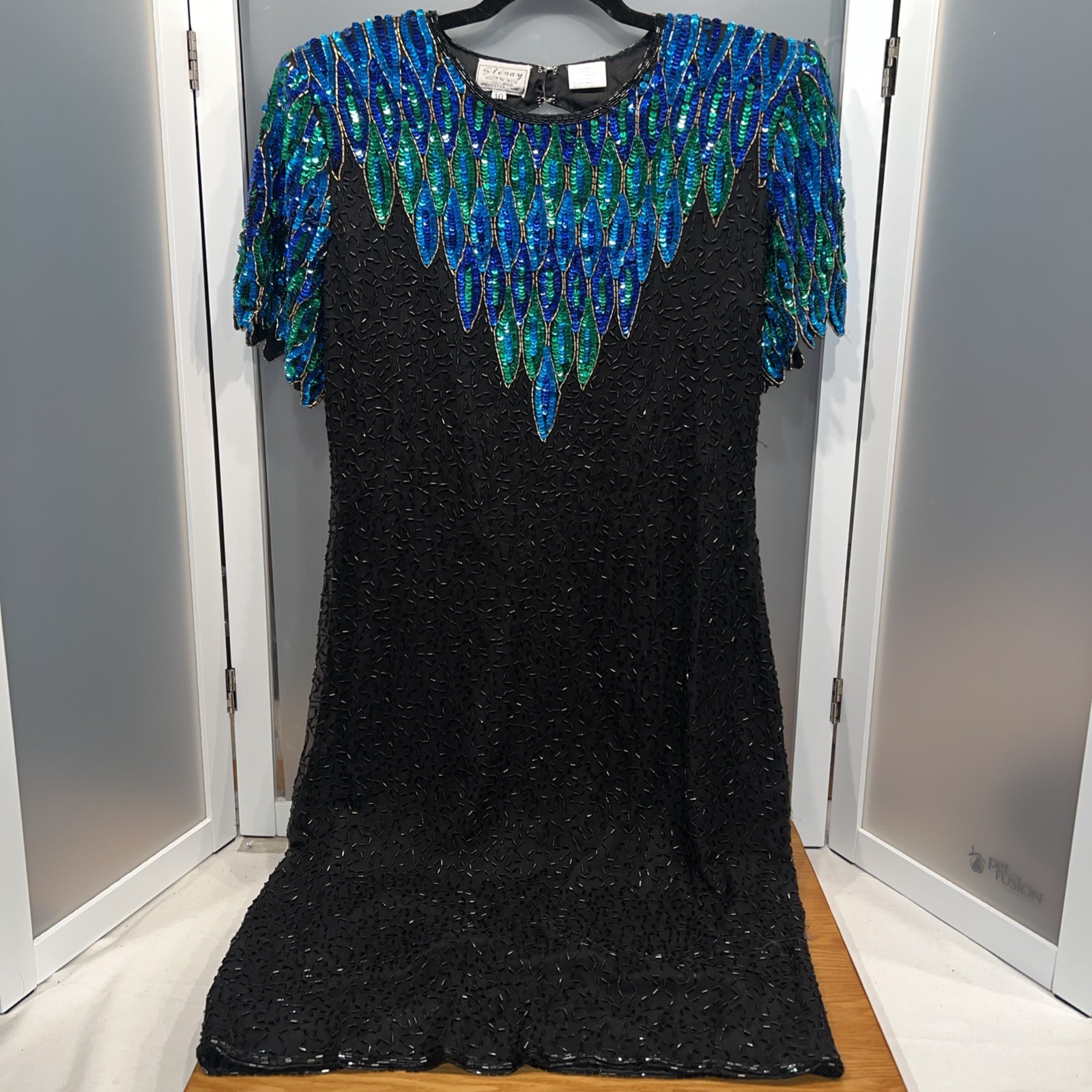 Vintage Stenay 100% Silk Sequin Beaded Dress Black Art Deco Color pop 80s 90s
