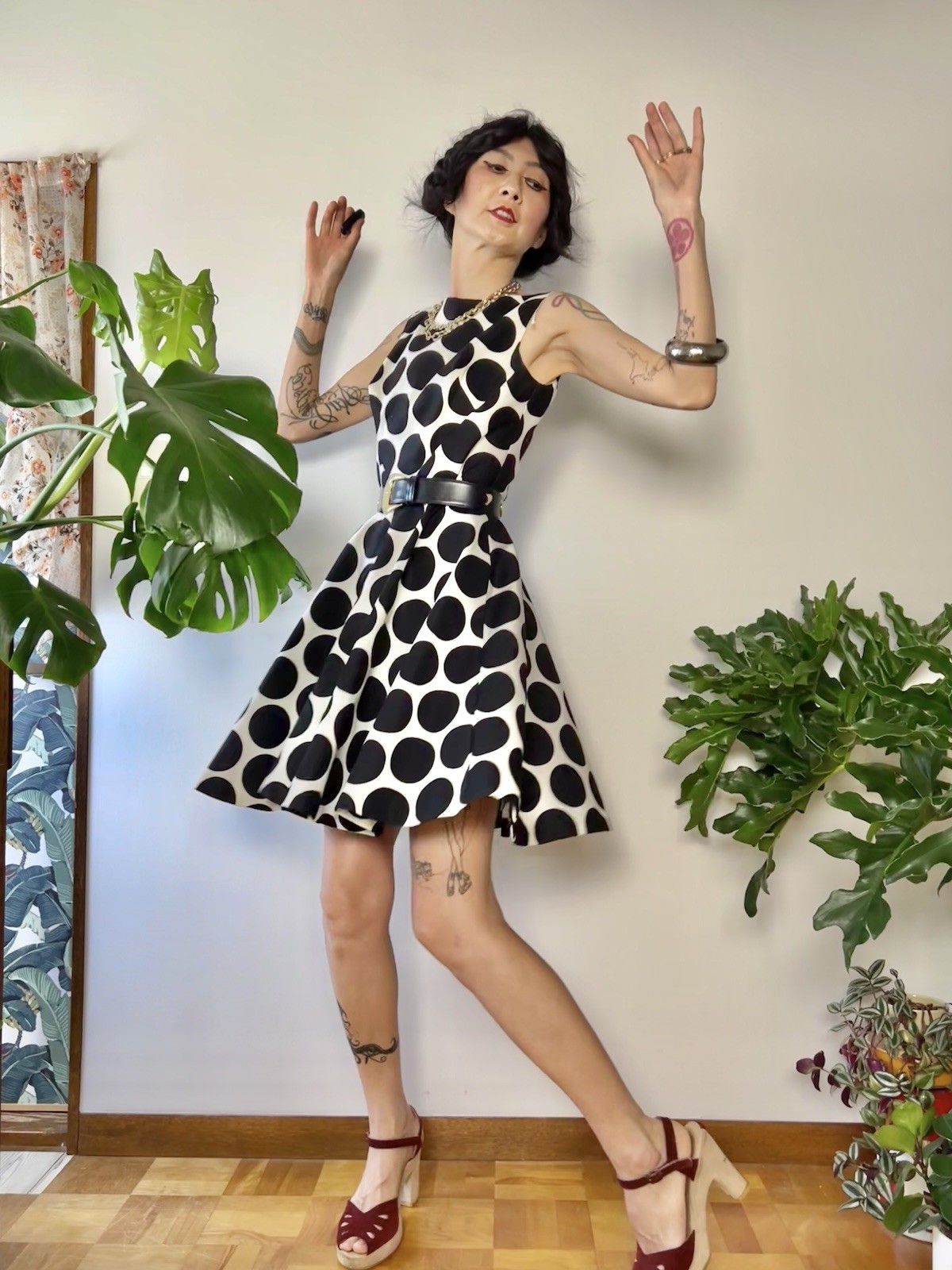 VTG 60s does 50s SABA CA Polka Dot Circle Skirt Dress Bullet Bust Mod S/M
