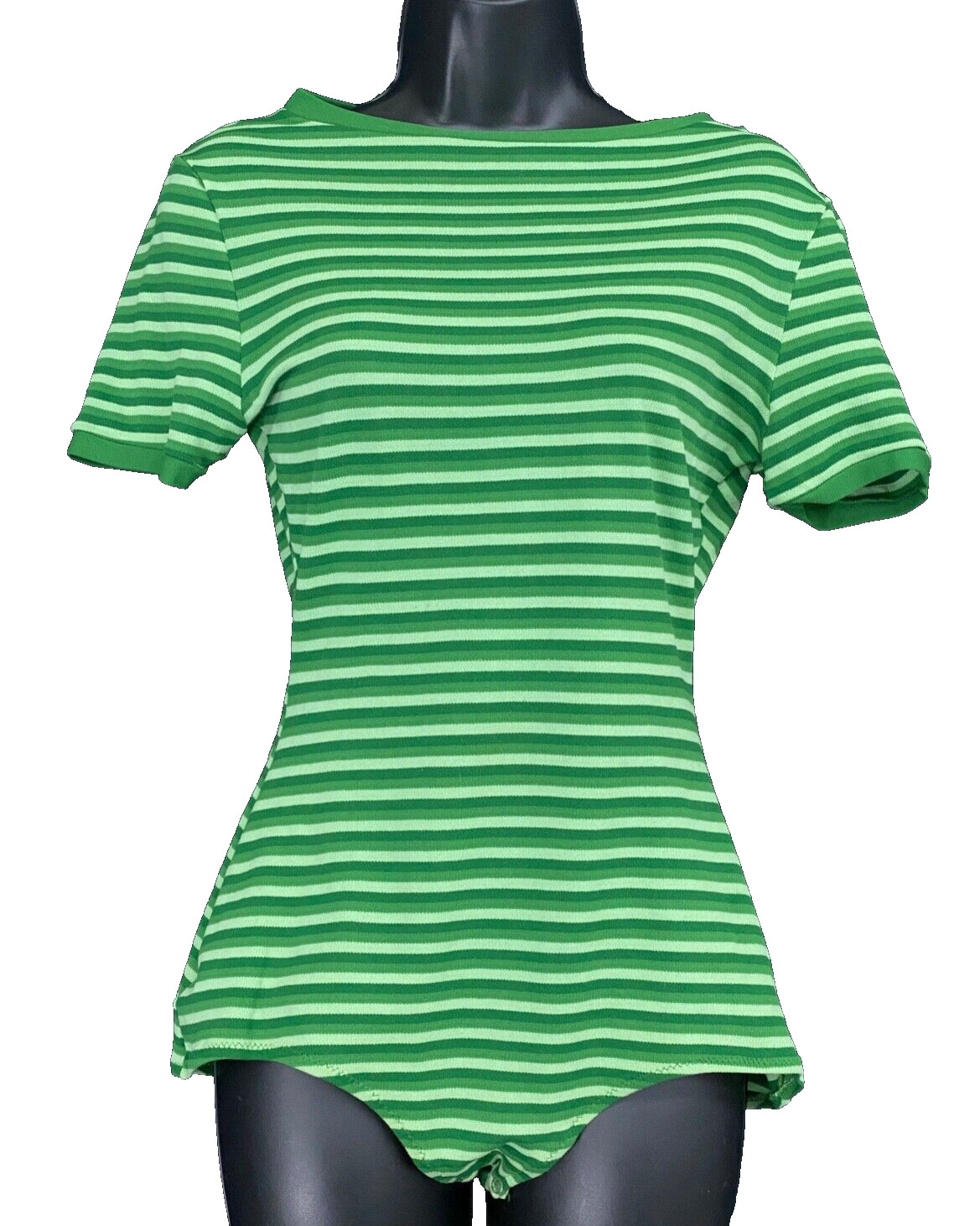Vintage 1970s green striped bodysuit, short sleeve shirt top blouse boat neck M