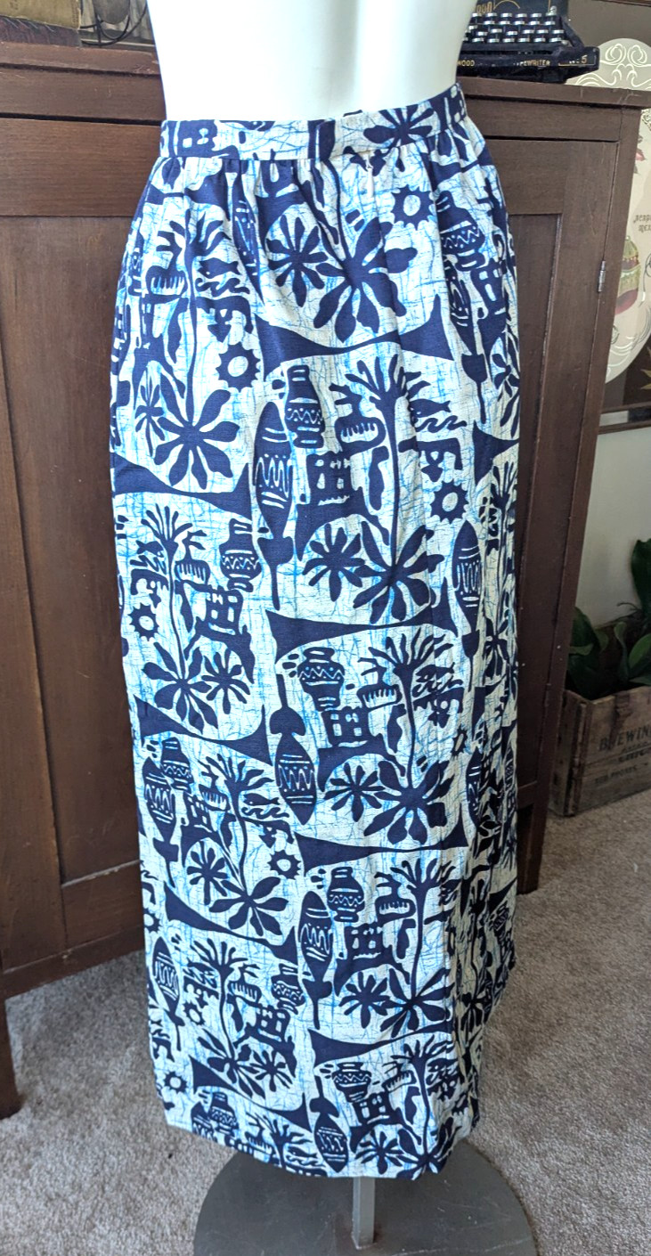 Vintage 1960s Hawaiian Maxi Skirt Bark Cloth Floral Tiki Palm trees Zipper XS