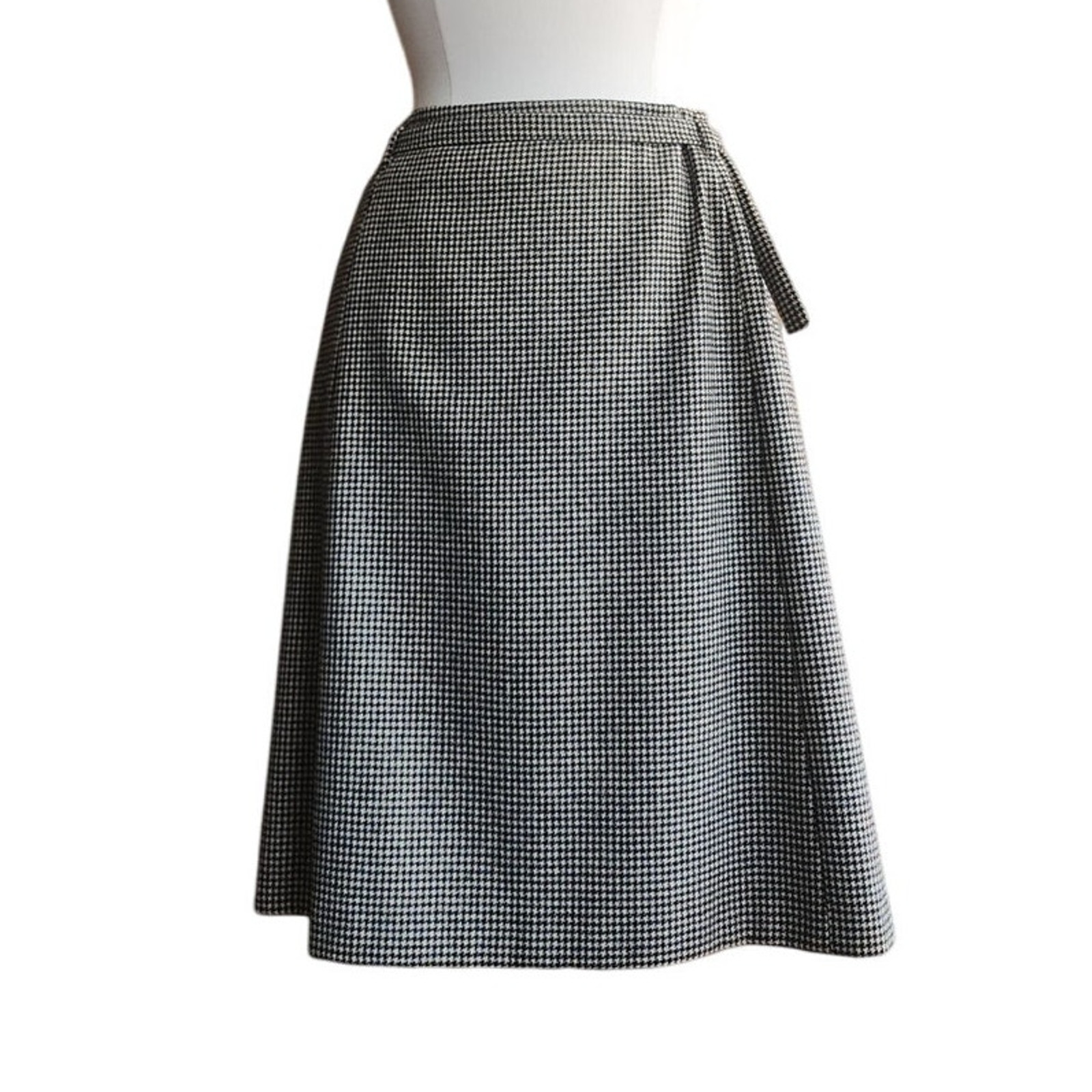 Vintage Dries Van Noten Skirt Gray Houndstooth Wool Knee Length Belt Sash Medium