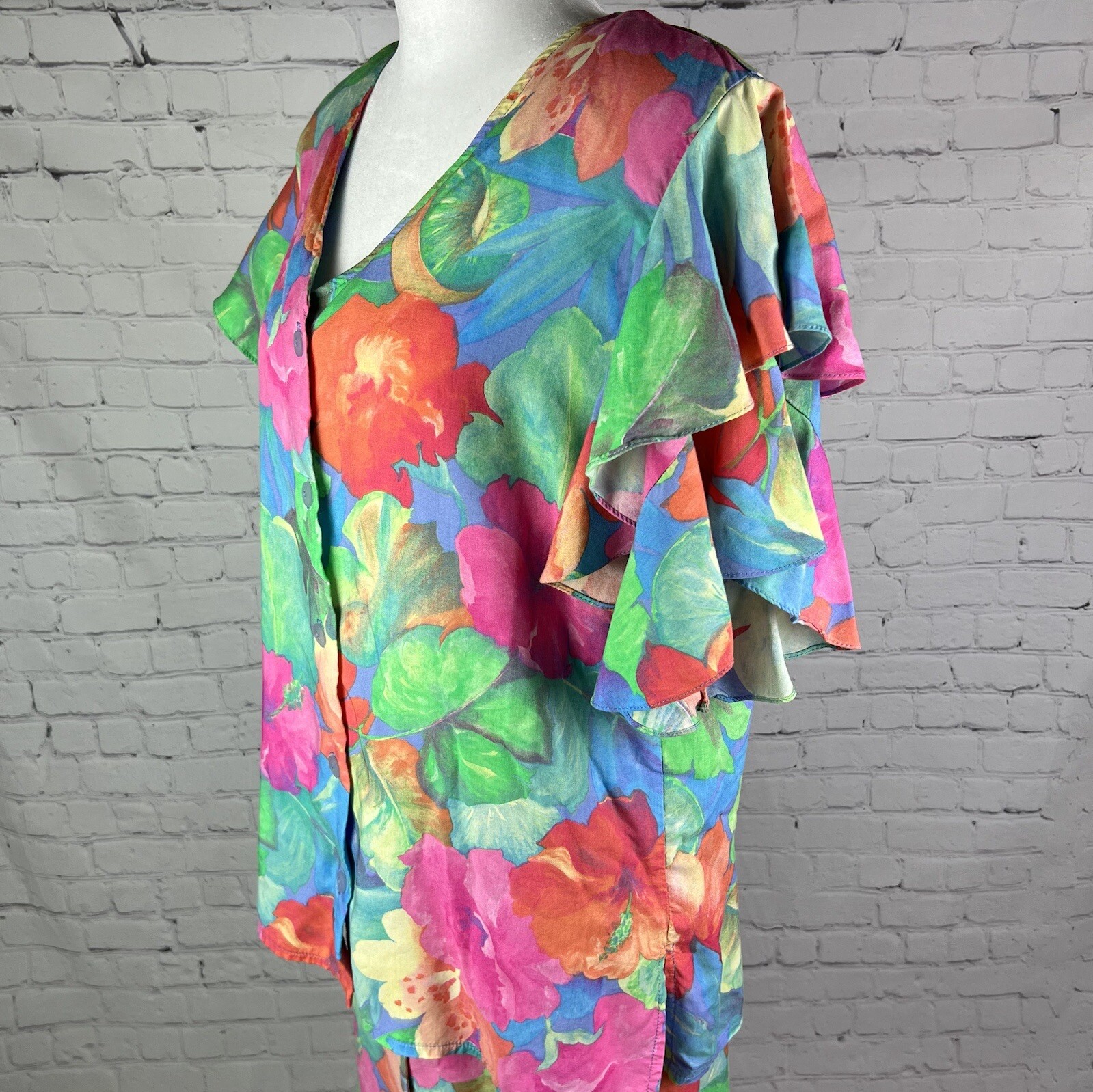 Vintage Sea Suns Watercolor Floral Tropical Beach Button Maxi Skirt & Top Set XL