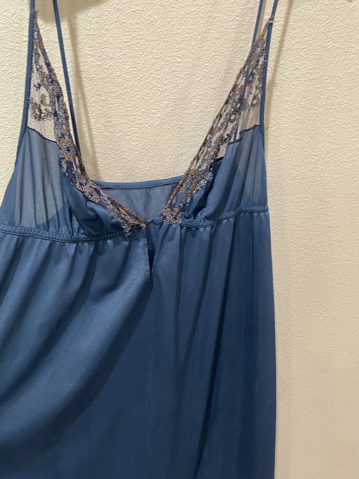 Vintage Sheer Madness Blue Lace Long Slip Dress Gown Nightgown Large
