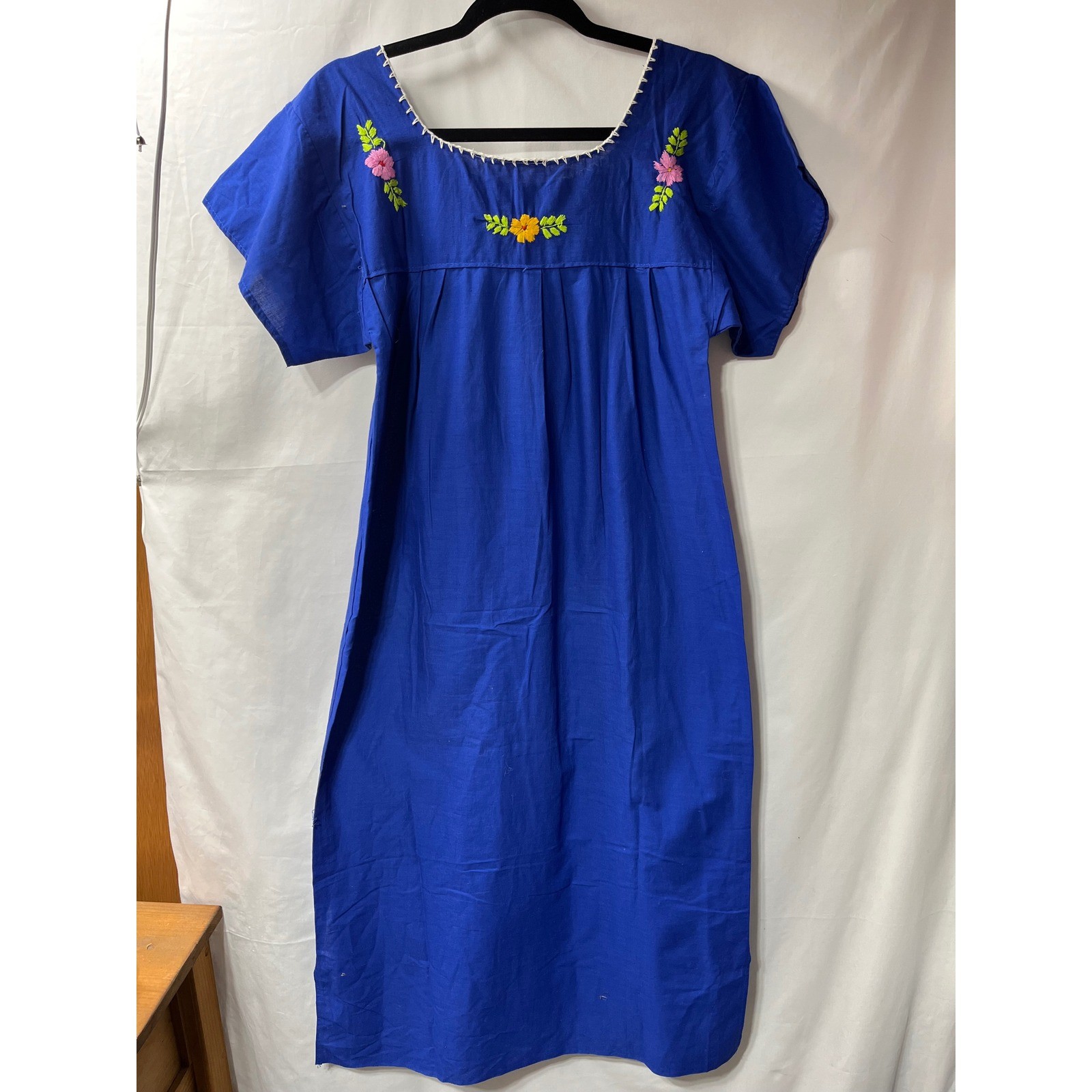 Karrs Imports Vintage Mexican Floral Embroidered Midi Dress Blue Cotton Huipil