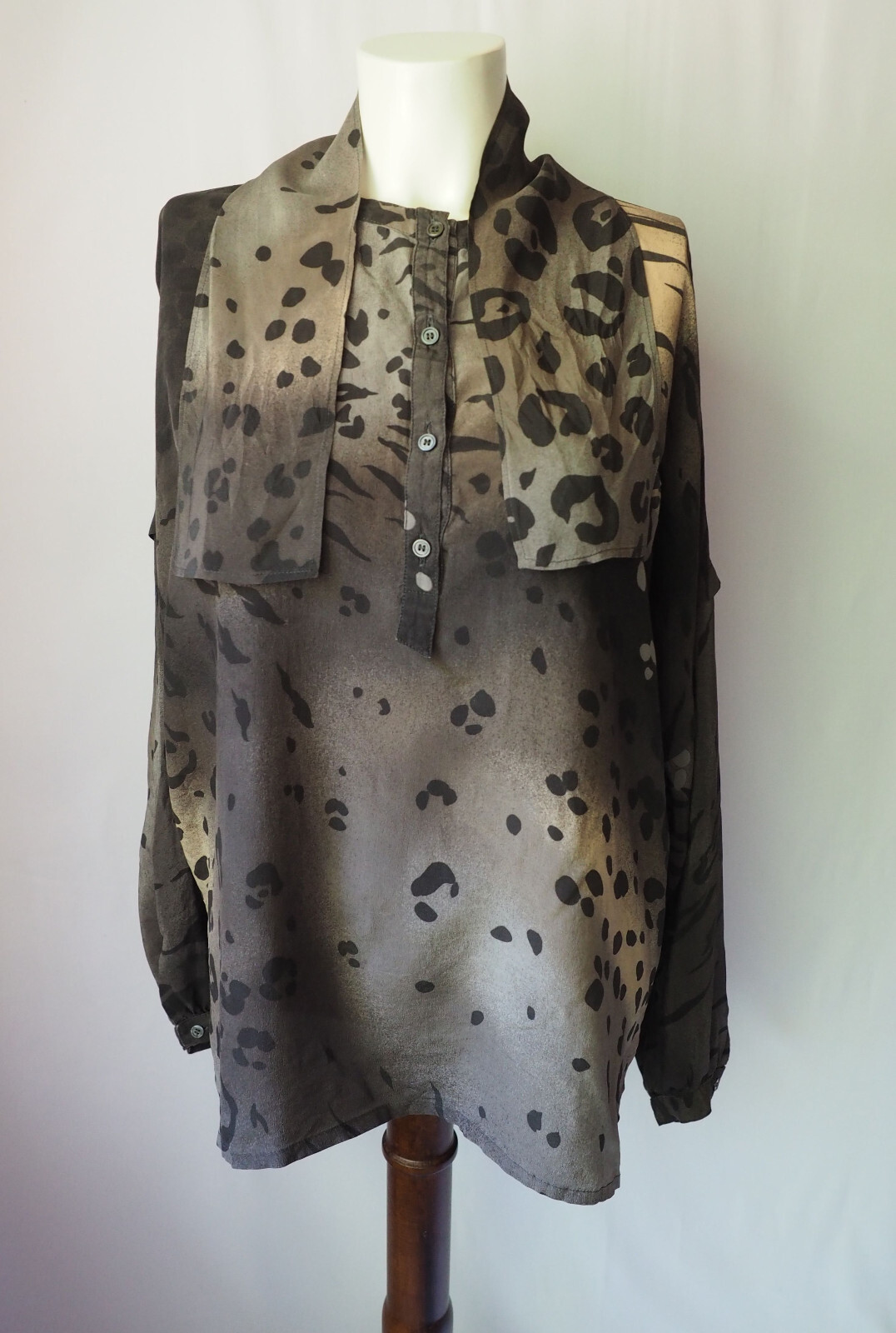 Vintage Escada West Germany Silk Blouse Animal Print Leopard Tiger Gray Beige