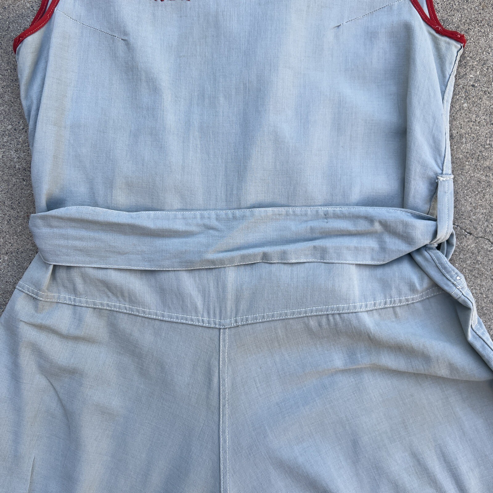 Vintage 1930s Blue Chambray Cotton Jumpsuit Playsuit Gym Outfit Romper Red Trim