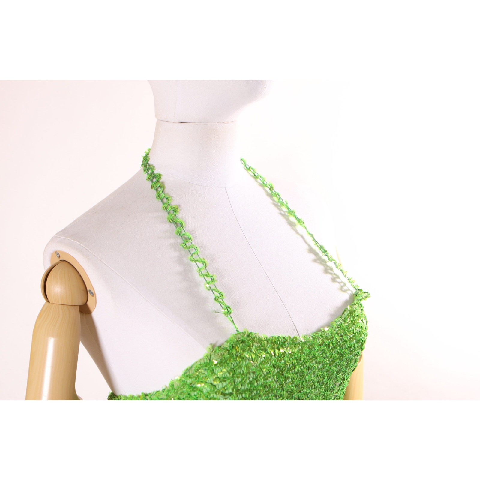 1960s Green One Piece Stretchy Sequin Halter Neck Burlesque Showgirl Costume