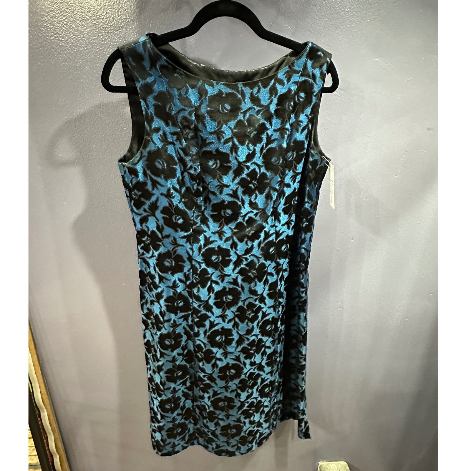 Nat Kaplan Vintage 1970 Blue Black Floral Brocade Sheath Dress Julius Garfinckel