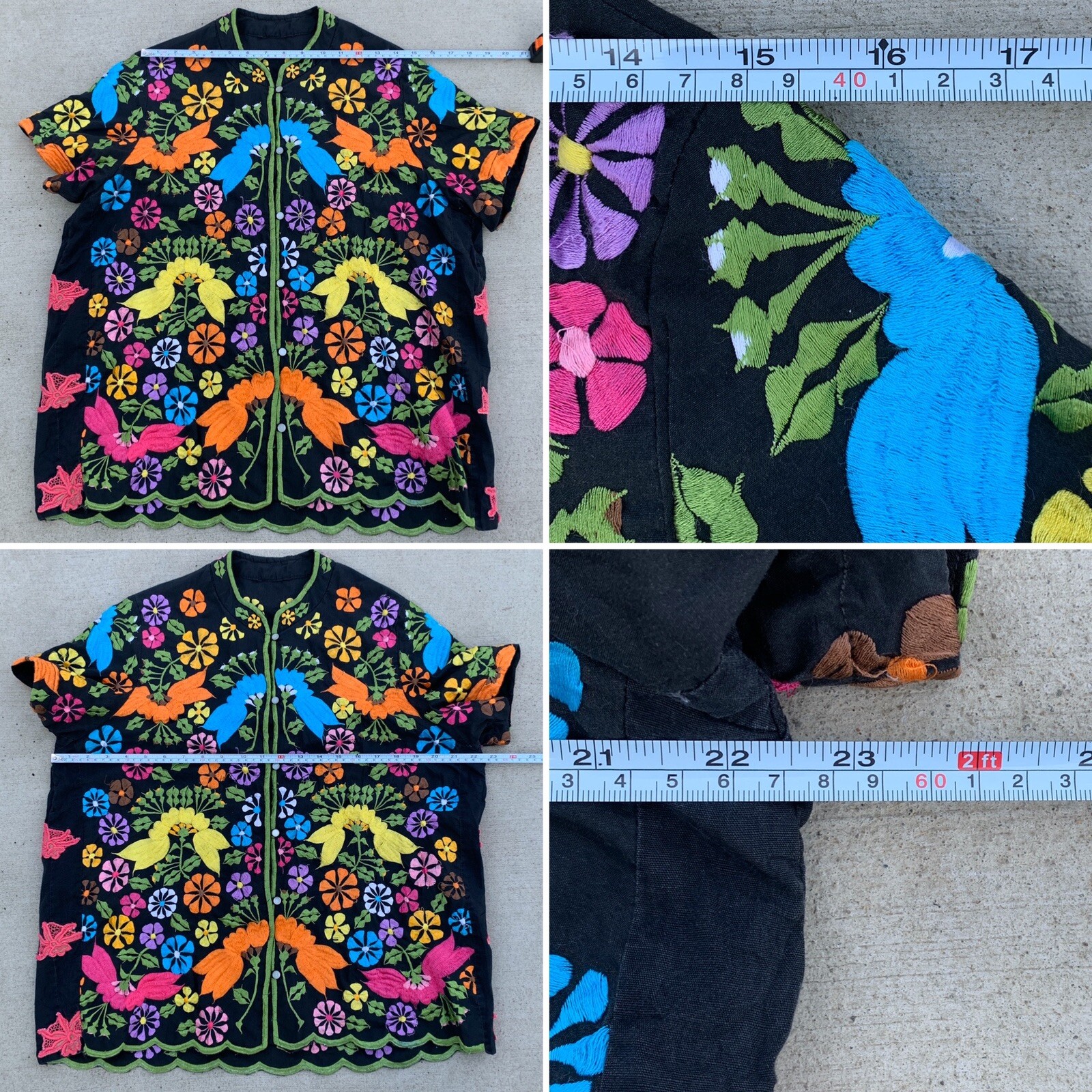 Vintage Embroidered Blouse Top Short Sleeve Mandarin Collar All Over Embroidery