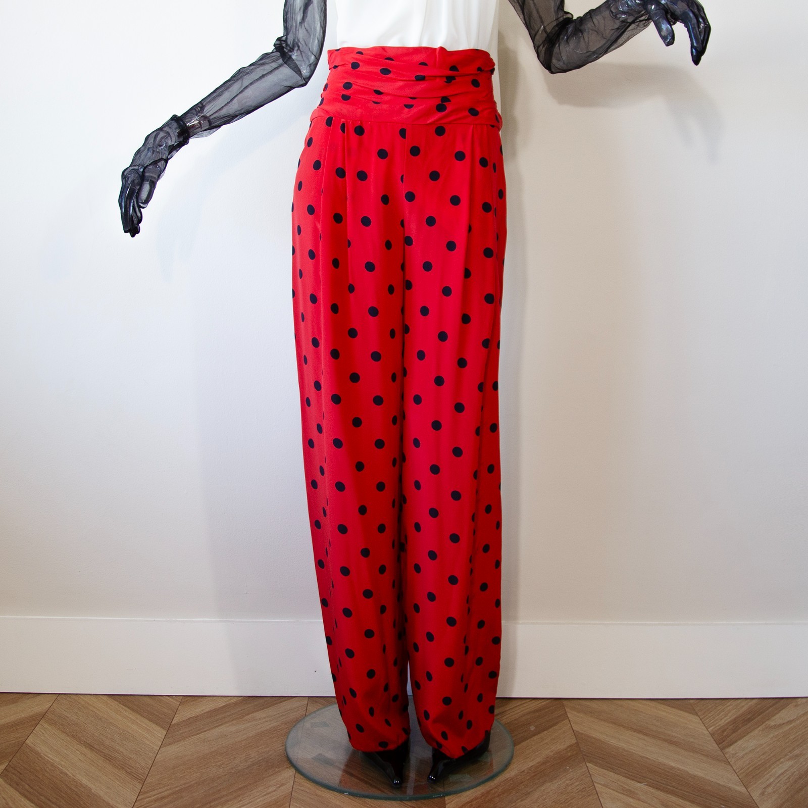 Vintage Dior Red Silk Black Polka Dot Wide Trousers NWT UK 8-10/US 4-6
