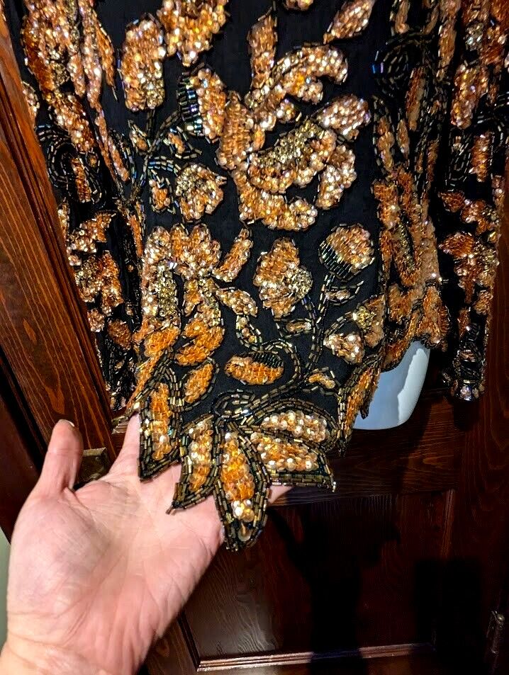 Black Tie by He-Ro orange black Beaded Sequined Blouse 100% Silk Sz 12 L Top 4C