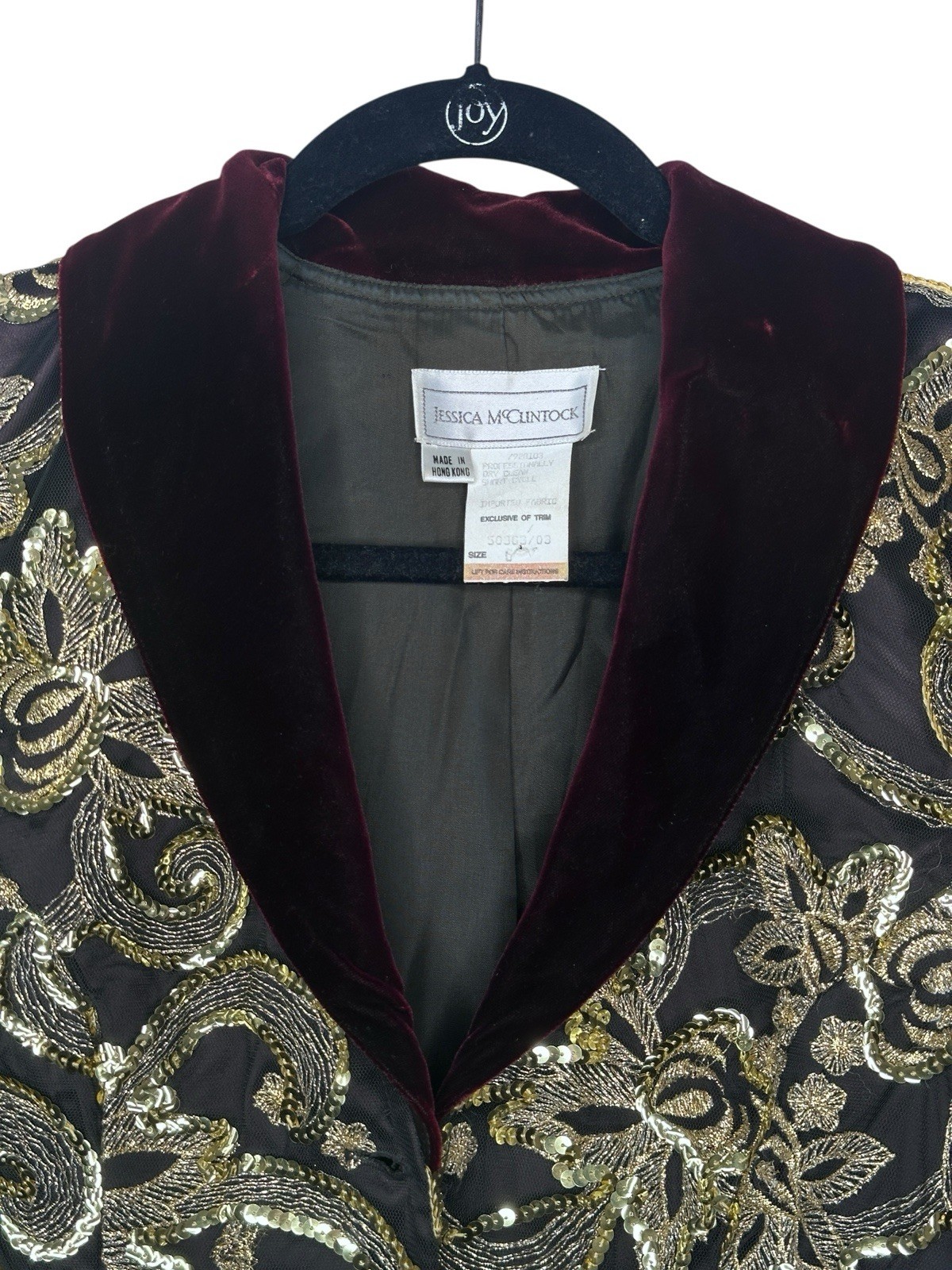 Jessica McClintock GOLD Metallic Sequin Velvet Bow Blazer Large 80’s Burgundy 3