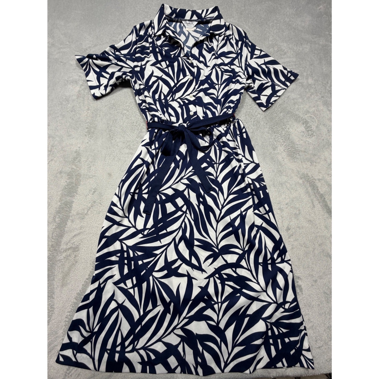 Vintage 80s Navy Blue White Leaf Print Midi Shirt Dress Size M 14 Coastal USA