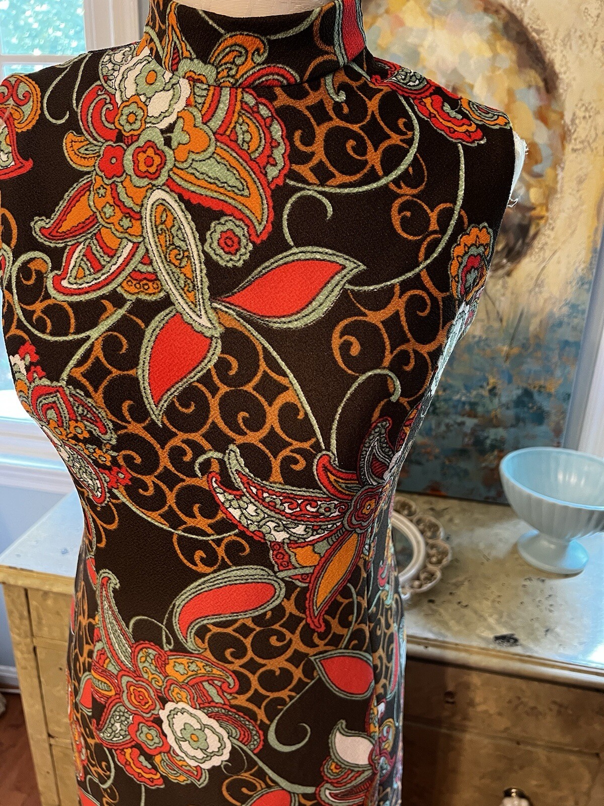 Rare Vintage Gilmar Canada Brown Mod Print Double Knit Maxi Hostess Dress-Med