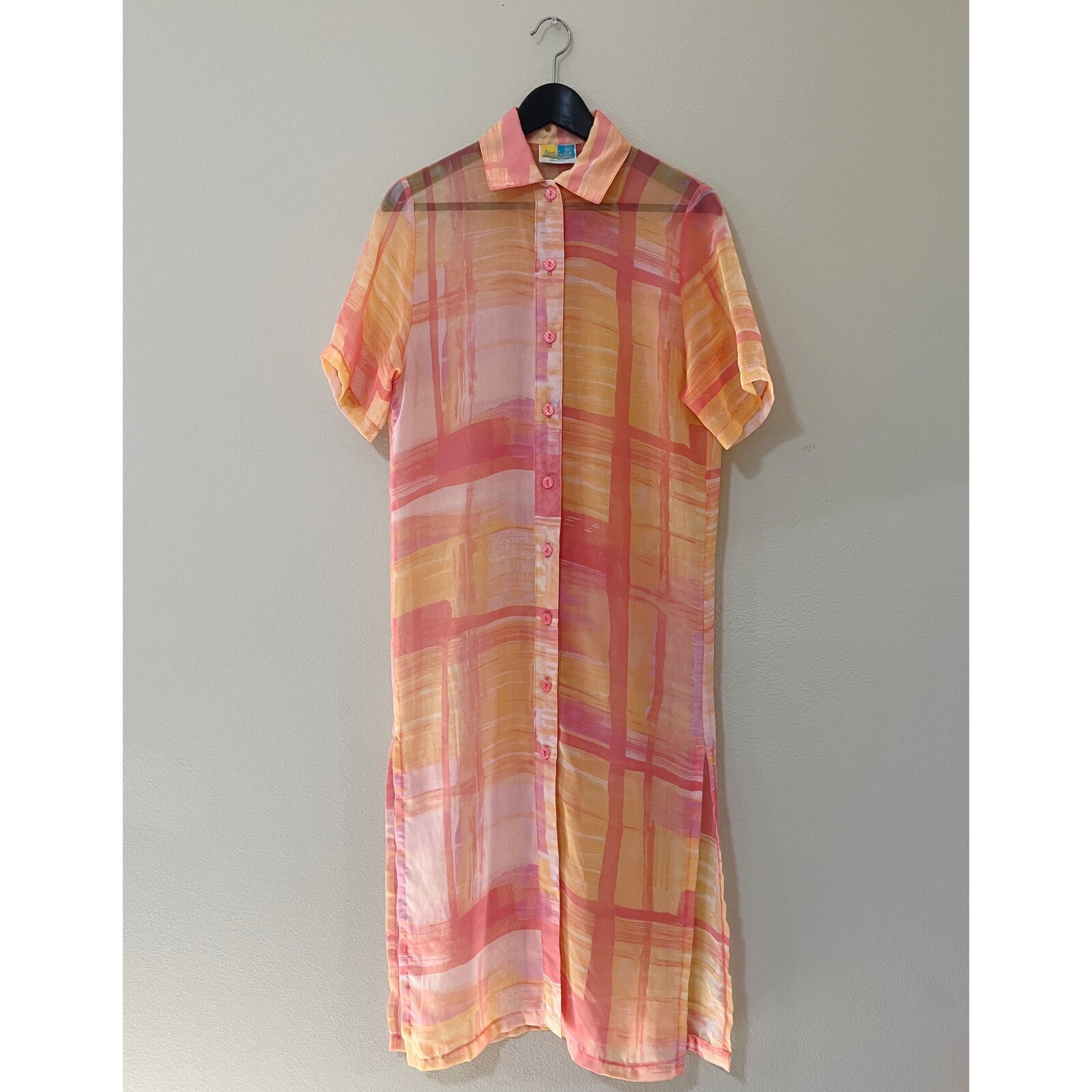 Vintage Seasuns Pink Orange Ombré Sheer Button Down Cover Up Dress