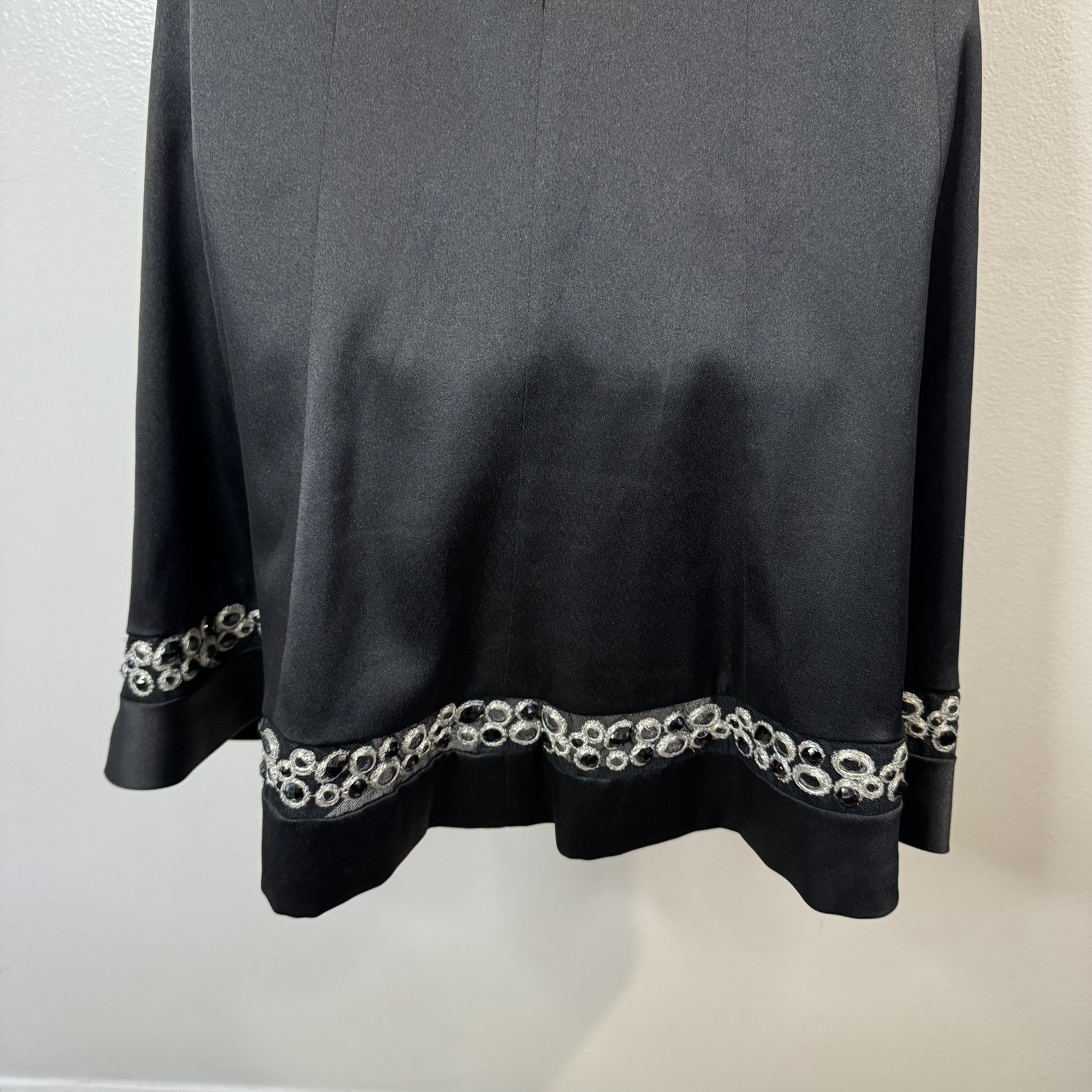 Vintage 90s Y2K Jones Wear Dress 8 Black Satin Swing Beaded Square Neck Cocktail