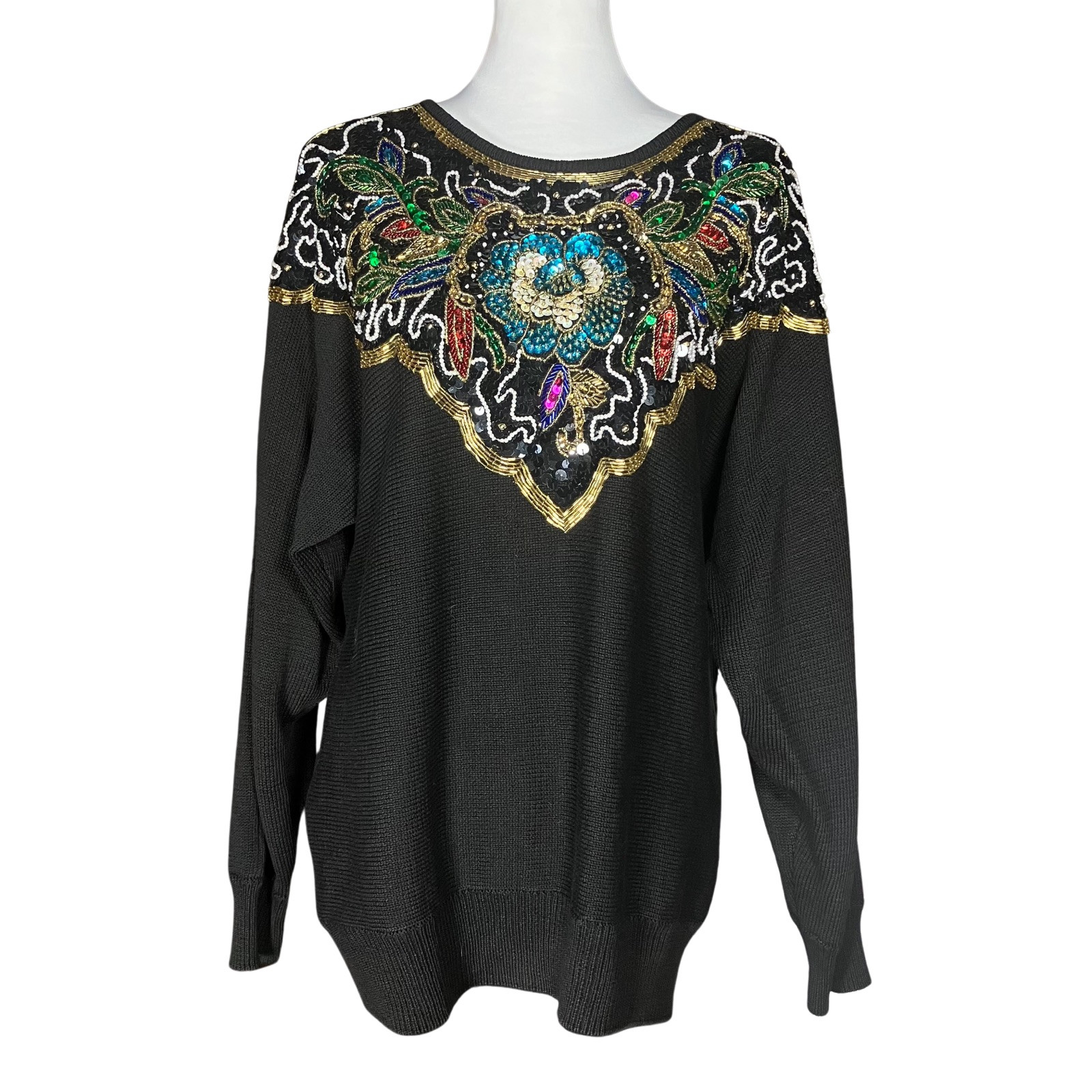 Vintage 80s Heavily Beaded Sequin Sweater. M/L. Black, Colorful, Gold Maximalism