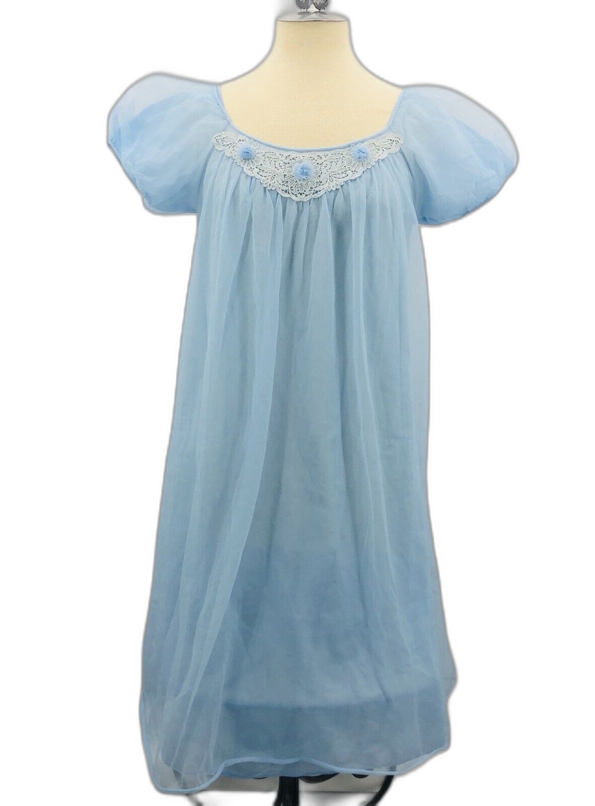 VINTAGE GOTHAM Gold Stripe Chiffon Baby Blue Babydoll NIGHTGOWN lingerie Small